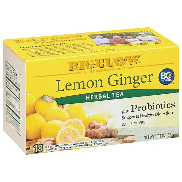 Bigelow Tea Lemon Ginger plus Probiotics Herbal Tea, Caffeine Free Tea, 18 Total Tea Bags (Pack of 1) 1