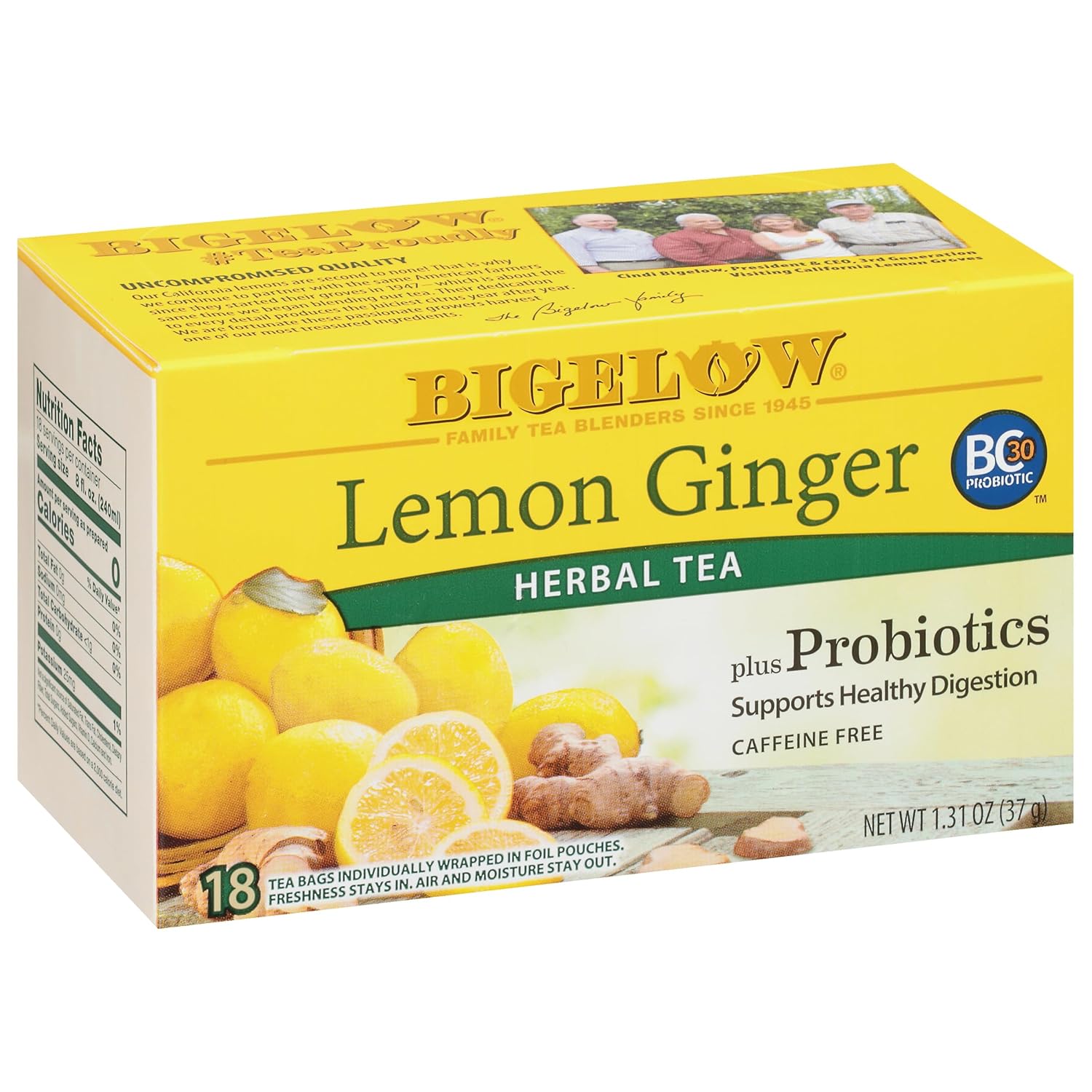 Bigelow Tea Lemon Ginger plus Probiotics Herbal Tea, Caffeine Free Tea, 18 Total Tea Bags (Pack of 1)