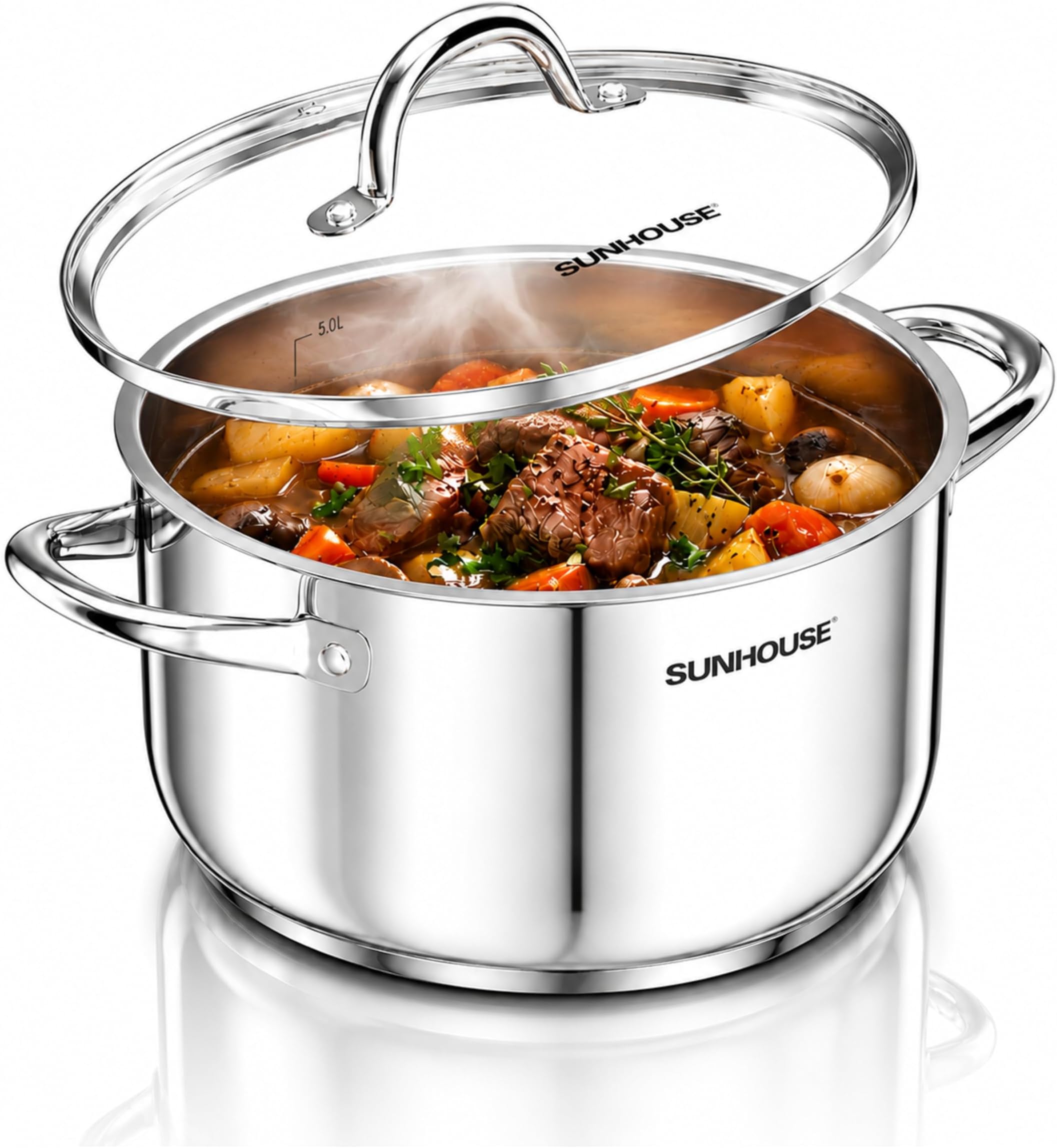Sunhouse Stock Pot with Lid - 7 QT Large Pot for Cooking Pasta, Soup, Spaghetti - Impact Bonding Base Big Stainless Steel Pots for Canning, Boiling - Oven Safe & Induction Compatible Cookware
