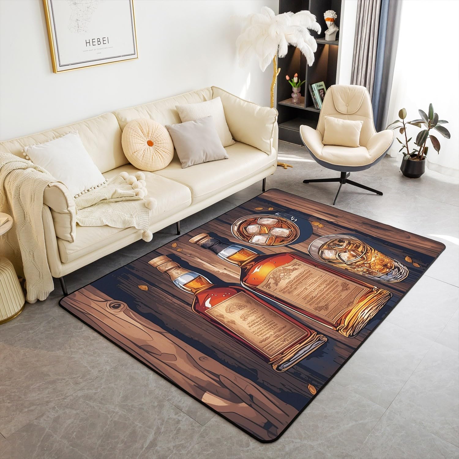 Whiskey Area Rug 3'x5', Wine Iced Beer Glass Non Slip Rug for Kids Teen Boys Women Men,Vintage Old Wooden Board Indoor Floor Mat for Dining Room Backyard Decor