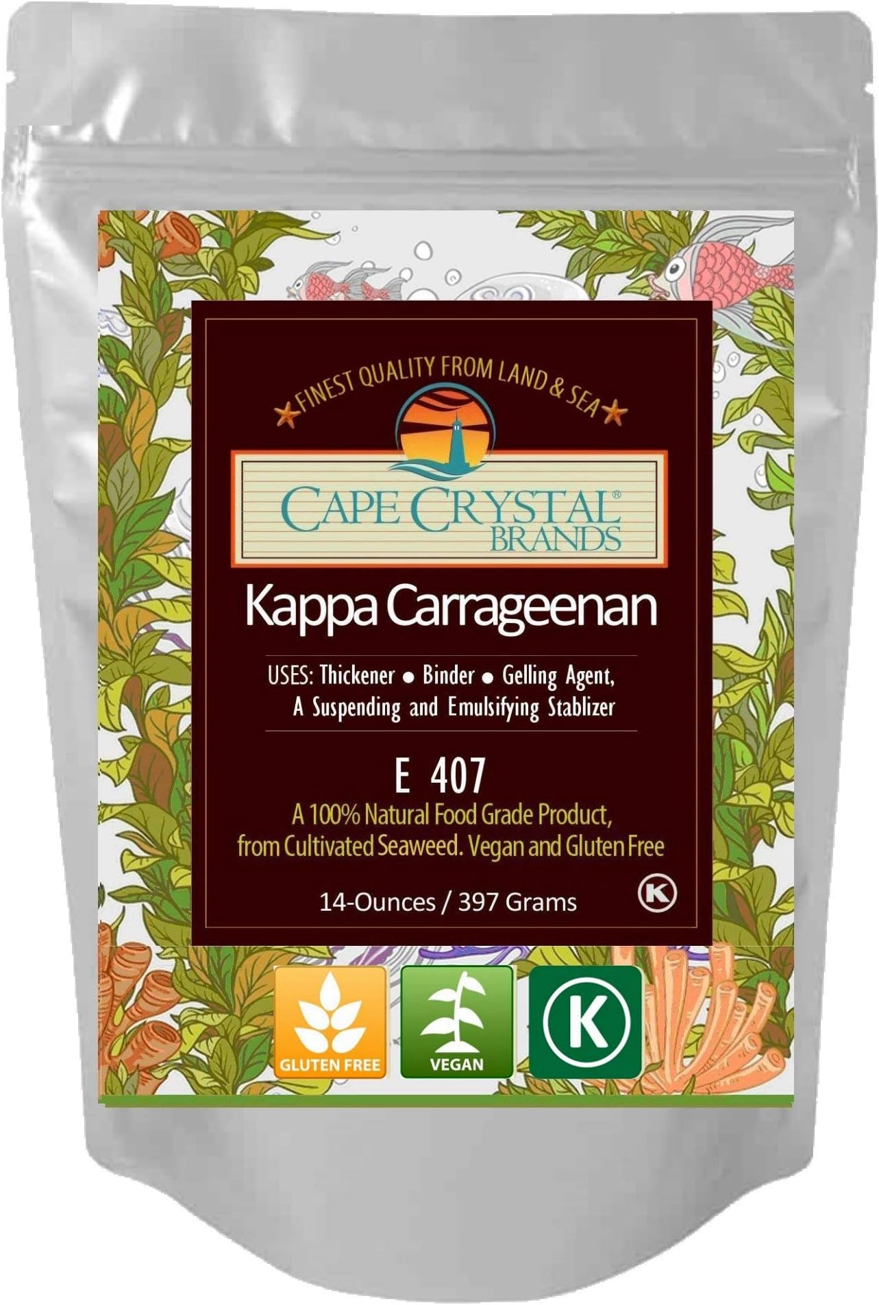 Cape Crystal Kappa Carrageenan Powder | Food Grade Natural Thickener Substitute for Gelatin - Kosher (14 Oz)