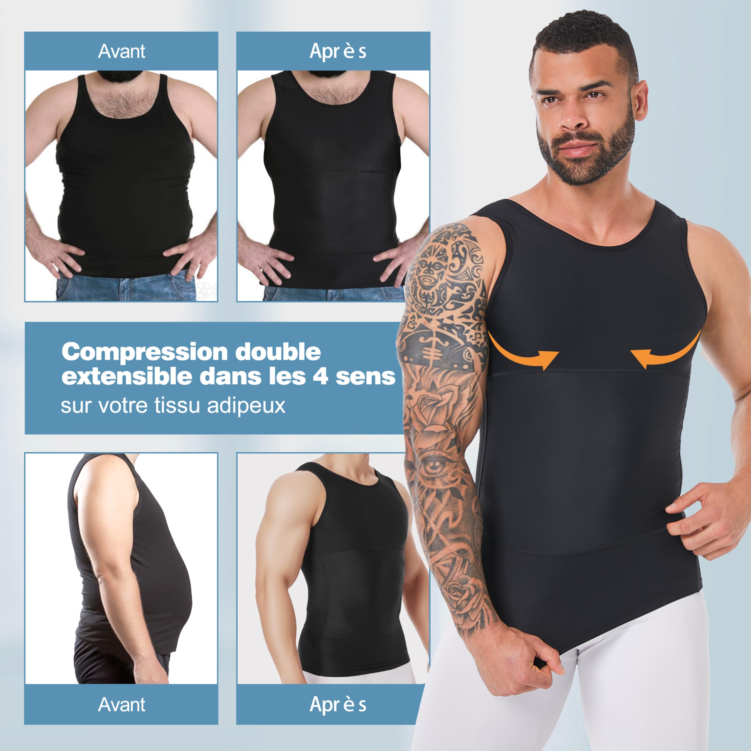 Débardeur gainant pour homme avec contrôle du ventre, masque la gynécomastie