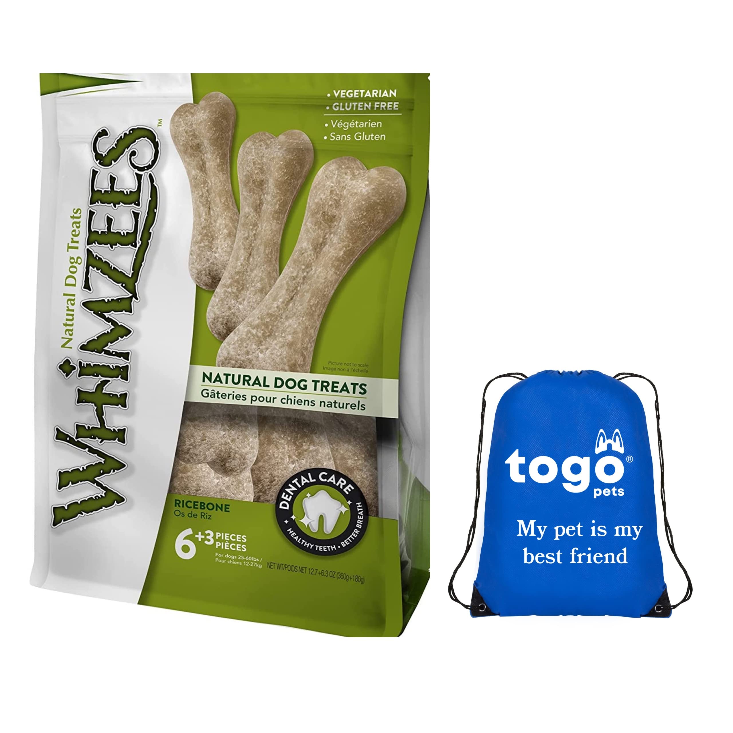 Rice Bone, 9 Pieces, Natural Dental Dog Chews Long lasting for Medium and Large Dogs + Dog Walking Bag