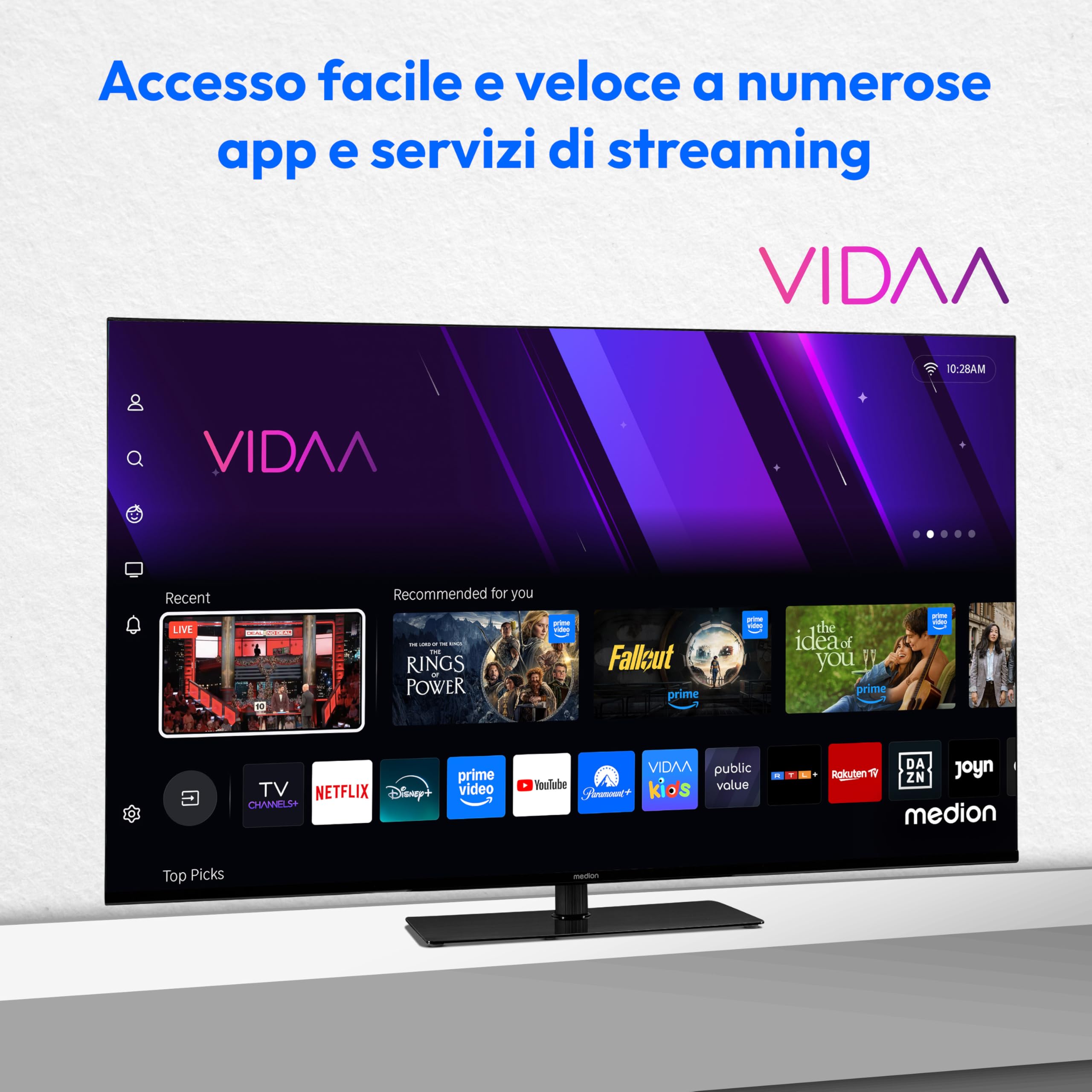 MEDION TV 43 pollici (107 cm) Smart TV (Dolby Vision HDR, VIDAA Store, DVB-T2 HD, DVB-C, DVB-S2, HEVC, Prime Video, Disney+, DAZN, HbbTV, PVR, Bluetooth, MD 843300)