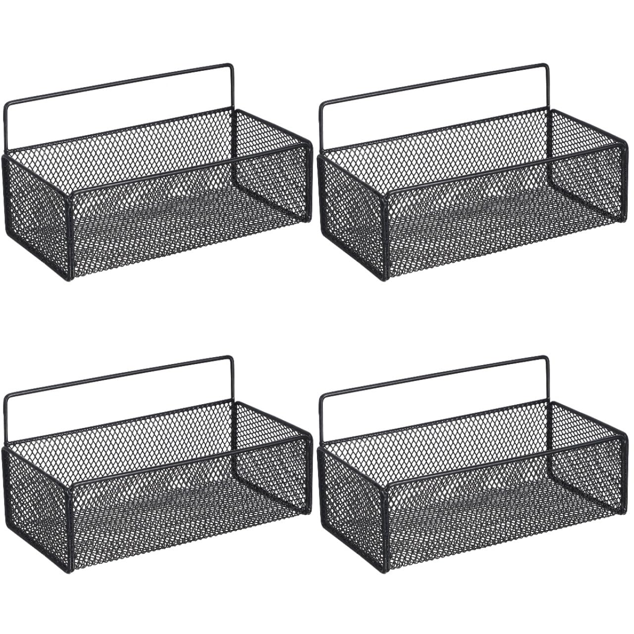 Amosfun 4pcs Wall Mounted Storage Basket for Organization, No Drill Self Adhesive Hanging Wall Basket, Space Saving Black Wire Storage Holder for Pantry, Kitchen, Bathroom (27x13x13cm)
