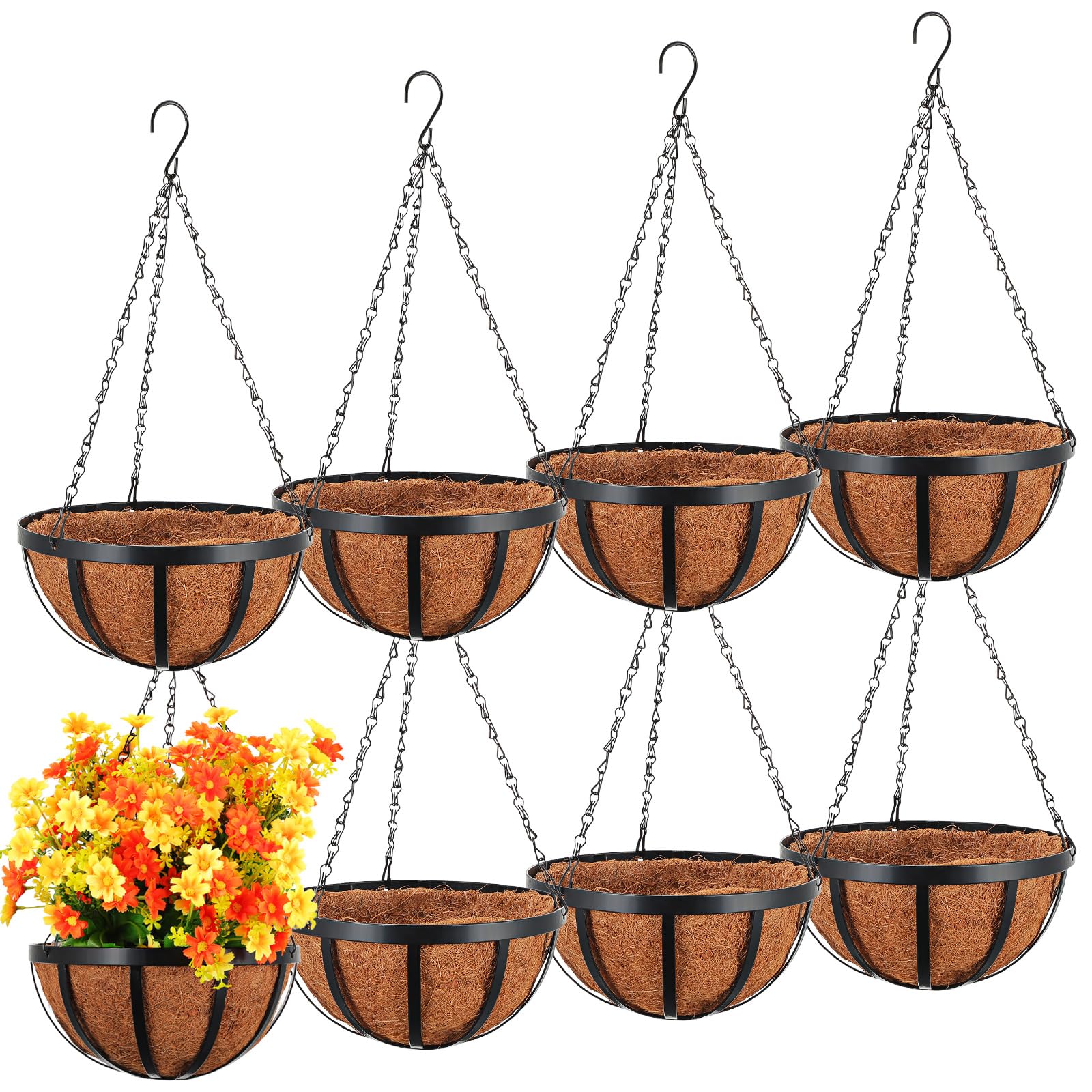 8 Pcs Metal Hanging Basket with Coconut Coir Liner Hanging Flower Basket with Chain Indoor Outdoor Plant Flower Pot 10 Inch Round Wire Plant Holder for Garden, Patio, Deck, Porch Garden Decor