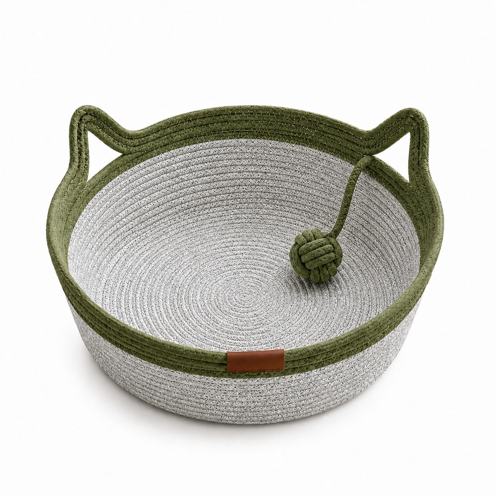 Handwoven Cotton Rope Cat Instinct Basket, Interactive Scratch Bed with Attached Toy Tail, Breathable All Season Nest for Small Medium Large Cats & Dogs，Green：M