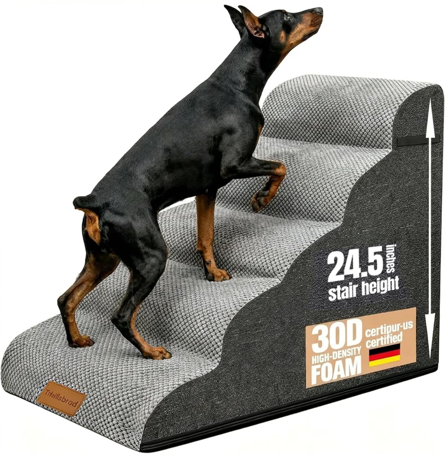 Breite Hundetreppe (62 cm hoch), 5 Stufen Tiertreppe aus hochdichtem Schaumstoff für kleine bis sehr große Hunde, rutschfeste Haustiertreppe mit waschbarem Bezug