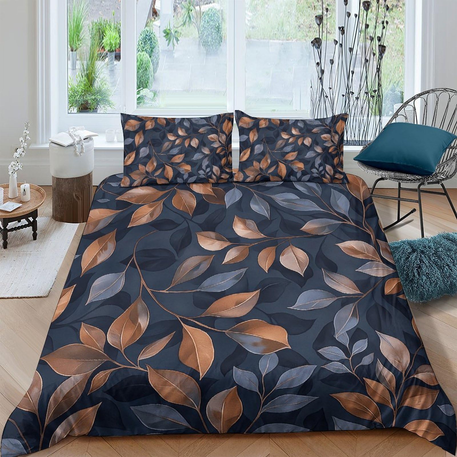 GPLZQXKJNH 3D Printed Autumn Leaves Duvet Cover Microfiber Soft Breathable Forest Foliage Bedding Set with 2 Pillowcases Single（135x200cm）