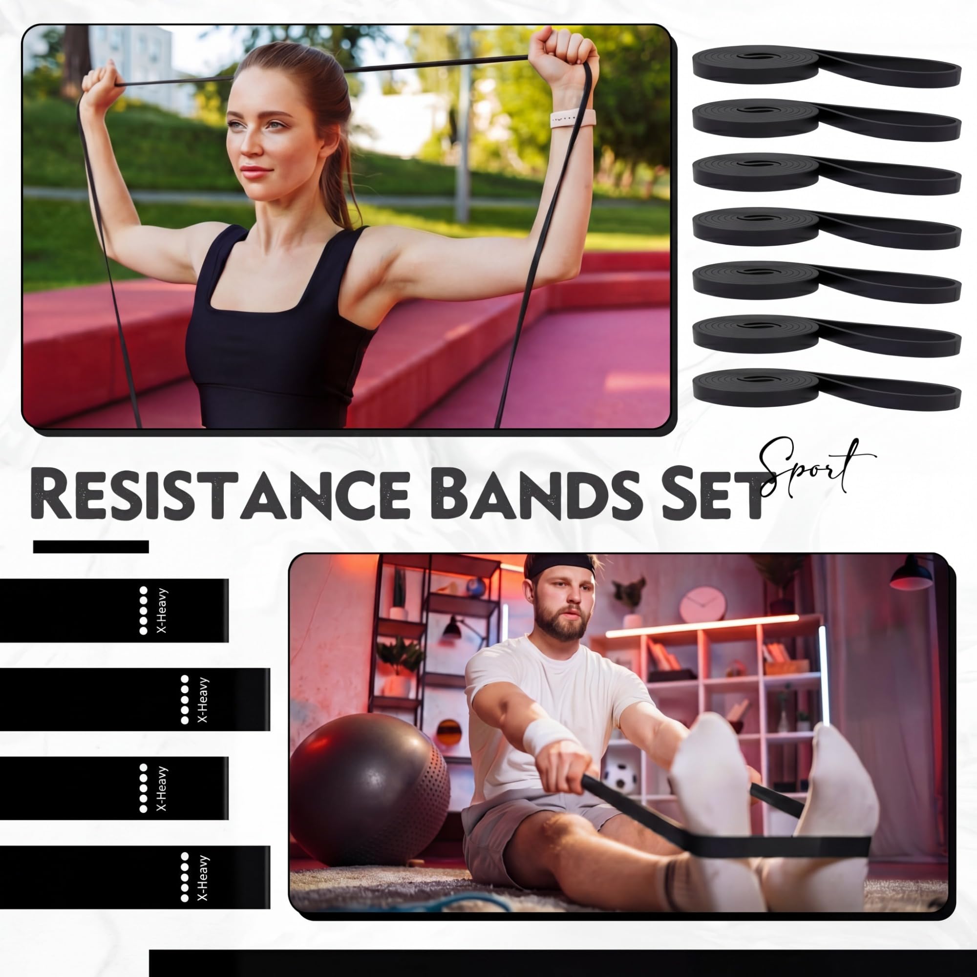 Outus 20 fasce di resistenza da 11,3 a 29,5 kg, 10 fasce di resistenza lunghe, 10 fasce di resistenza per trazioni, senza lattice, set di terapia fisica, per donne e uomini, esercizi a casa, palestra