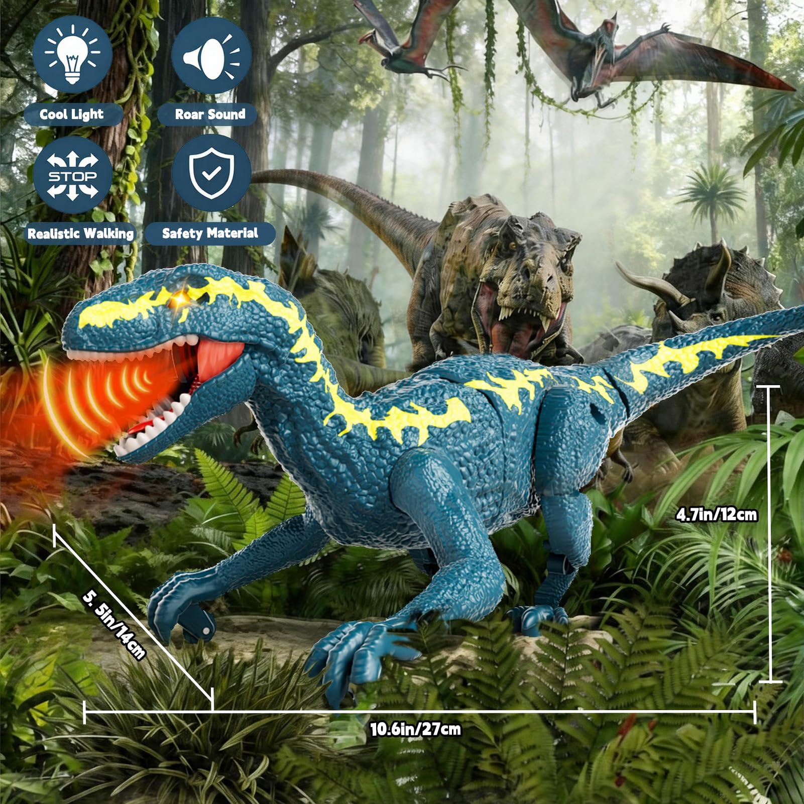 Dinosaurio Teledirigido para Niños 3+, RC Dinosaurio Caminante Recargable 2,4 GHz con Ojos 3D y 3 Sonidos, Juguete Animal Prehistórico Interactivo para Niños y Niñas 3+ (Azul)