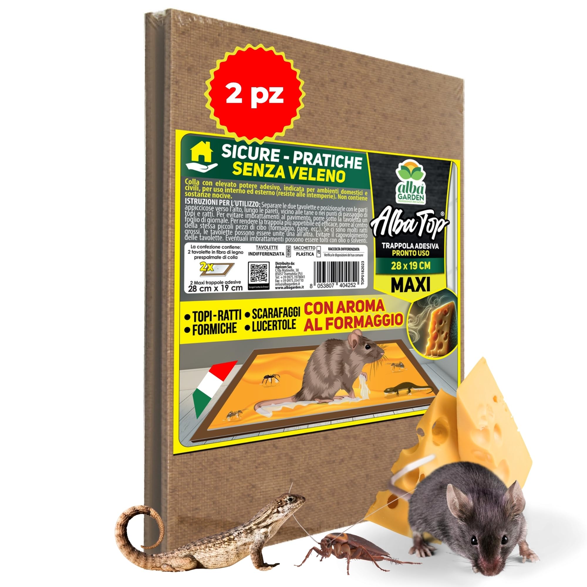 Albagarden - Trappola Per Topi Super Adesiva Professionale con Esca e con Aroma al Formaggio - Tavoletta con Colla Per Topi - Cattura Roditori, Talpe, Rettili, Ratti (2 Pz)