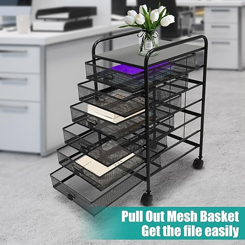 Miniatura 4 de Carro de archivos abierto de malla con cajones de almacenamiento, carrito de almacenamiento rodante con ruedas giratorias de 360, organizador de