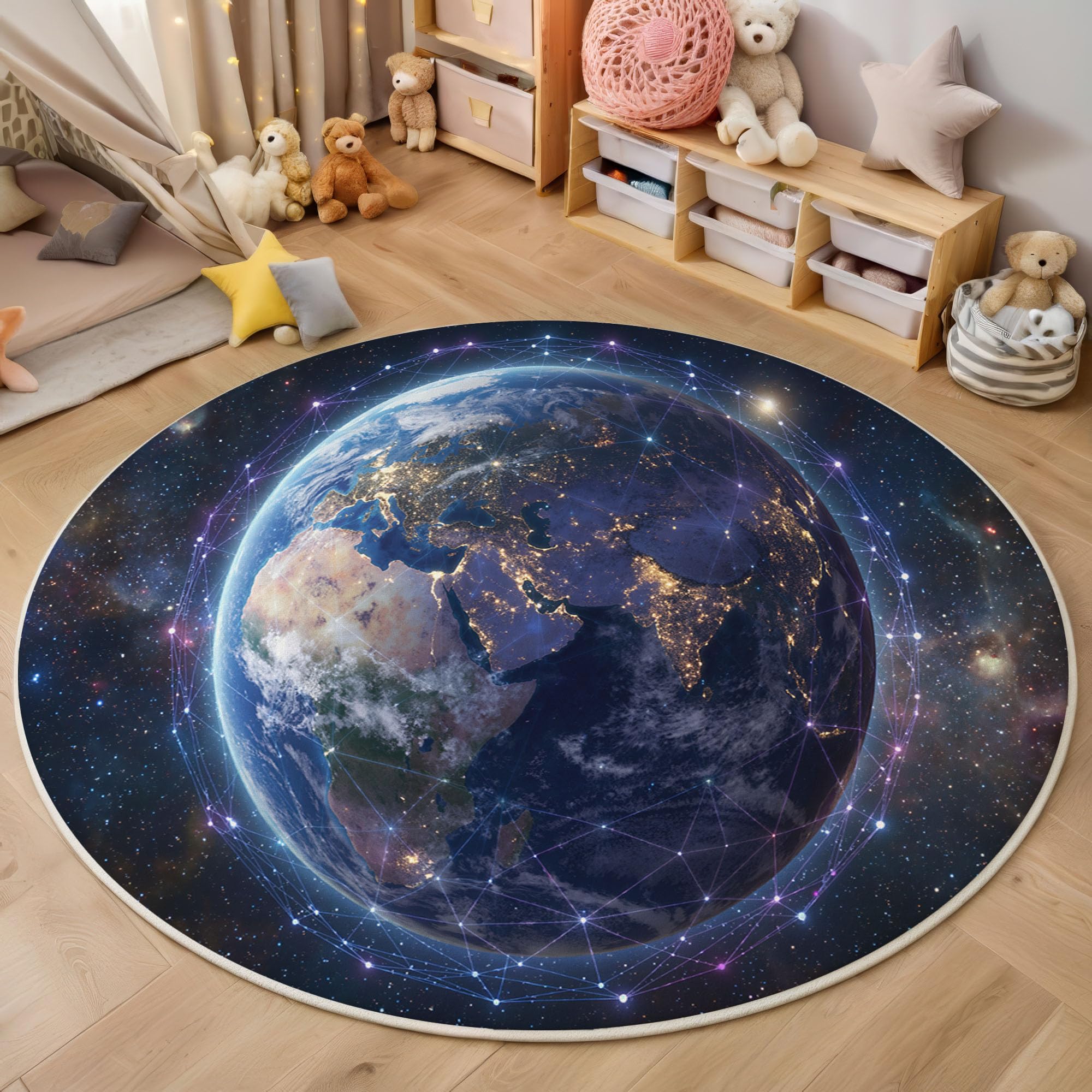 Tapis rond univers technologique bleu de 100cm antidérapant Futurdoux