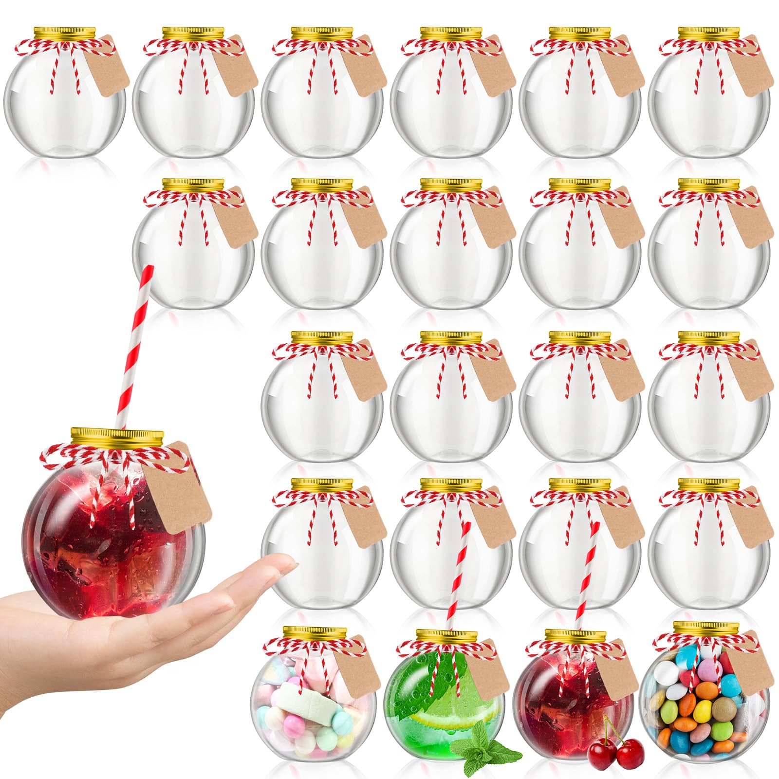 Yaomiao Kunststoff-Fischschalen-Ornamentbecher mit Strohhalmen, transparent, kugelförmige Glühbirnenbecher für Süßigkeiten, Karneval, Party, Geschenk, Dekorationen, 24 Stück, 284 ml