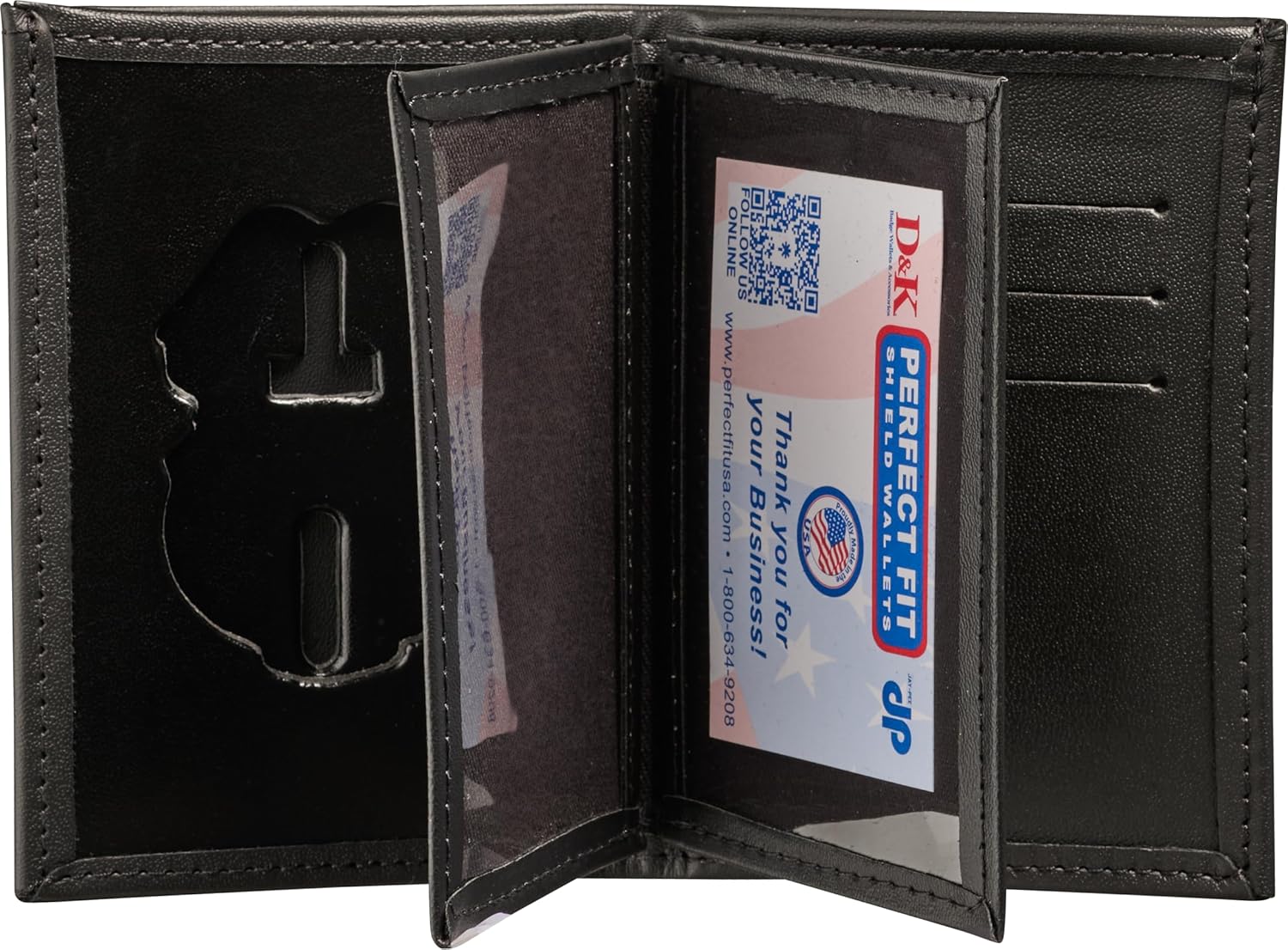 Perfect Fit LEOSA credentials Hidden Badge Bifold Wallet for ARMY MP MILITARY POLICE Badge and ID Case Hidden Badge Wallet (Cutout DK464) Black Leather