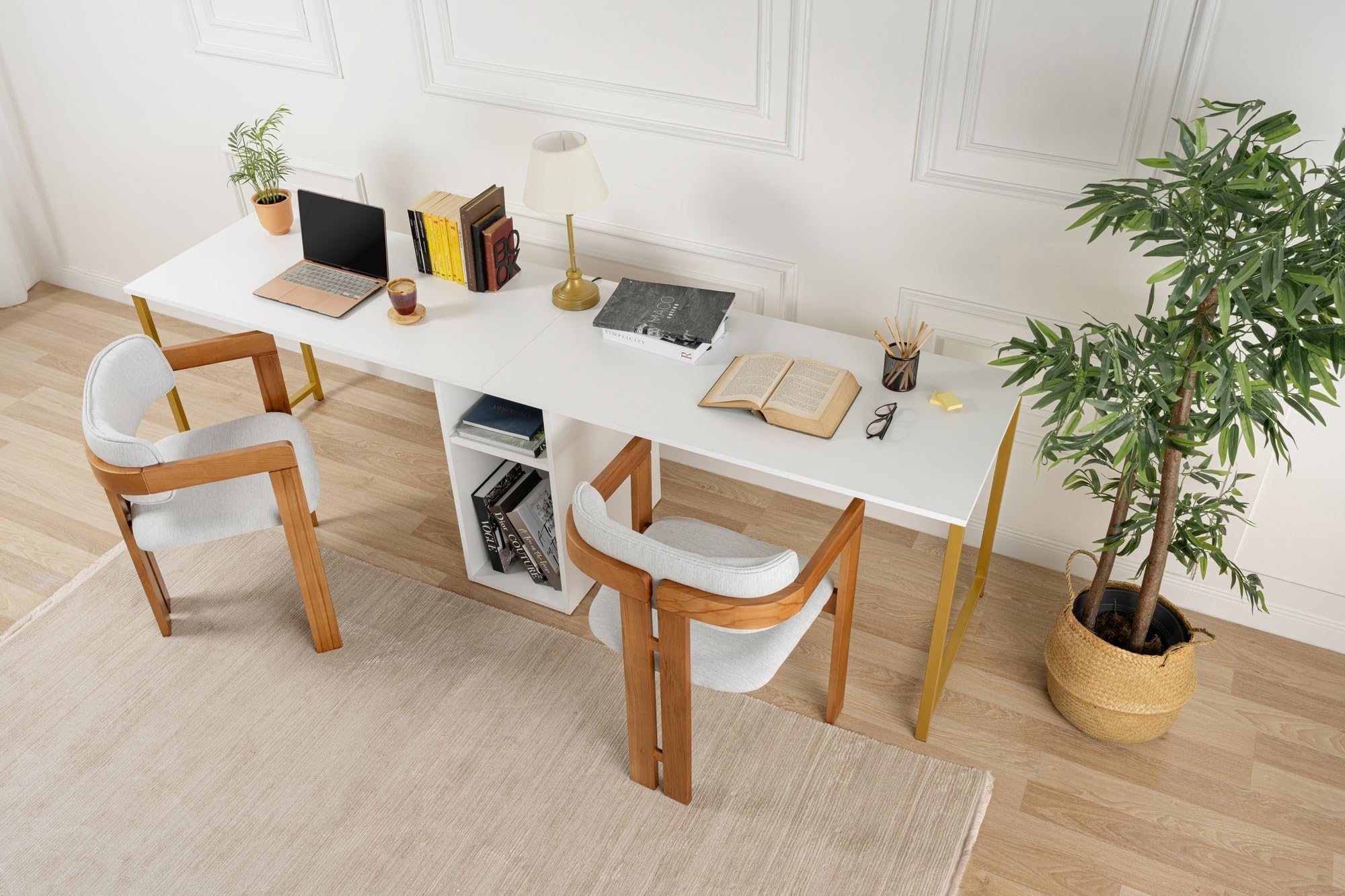 Contemporary and Practical Study Desk, biały, złoty, 240 x 74 x 60 | 100% powłoka melaminowa | idealna do nowoczesnego biura domowego i gabinetu, elegancki i funkcjonalny design