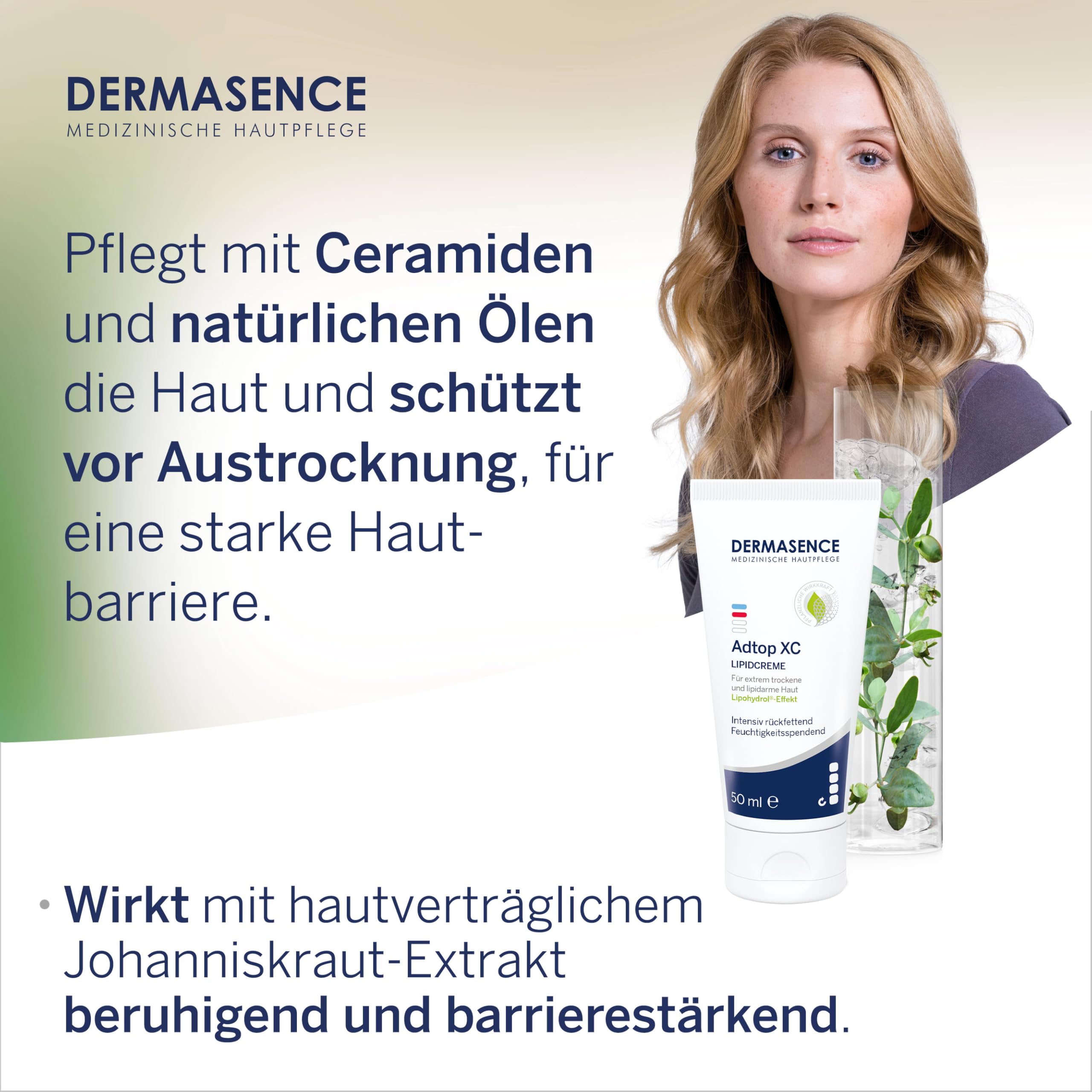 DERMASENCE Adtop XC Lipidcreme, 50 ml, Pflege bei extrem trockener und rissiger Haut, mit Ceramiden und Jojobaöl, beruhigend bei Juckreiz, parfümfrei, vegan, für Kinder und Erwachsene geeignet