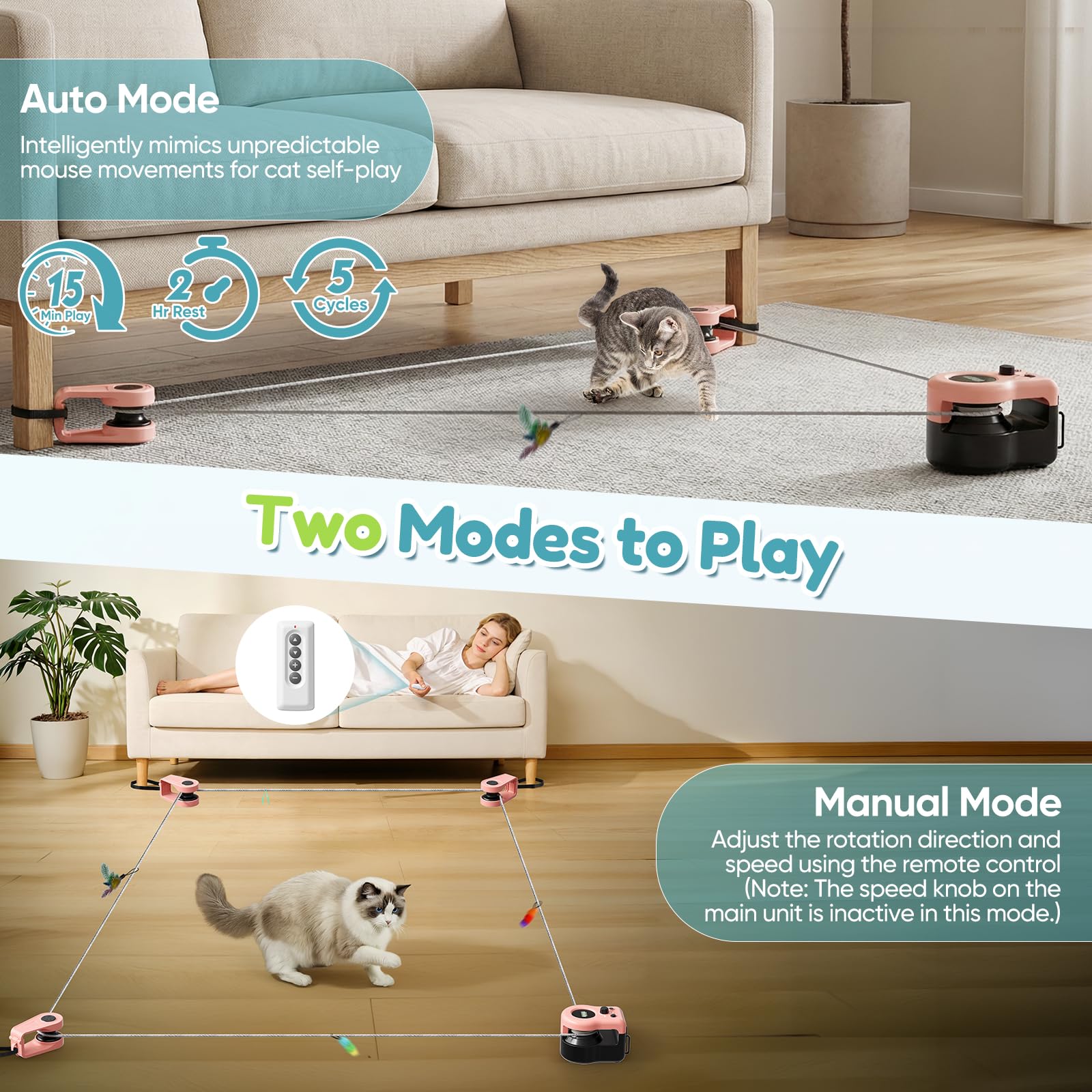 Interaktives Katzenspielzeug für Drinnen, Katzenlaufband, Automatisches/Ferngesteuertes Simuliertes Katzenjagdspielzeug, Energieraubendes Spielzeug für Haustiere (Rosa)