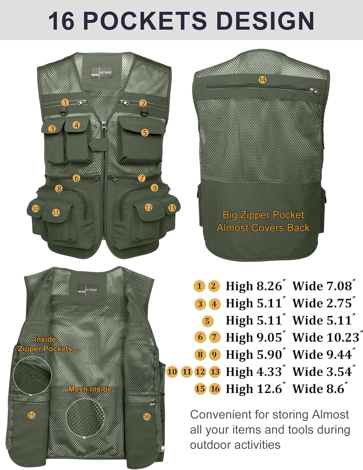 Flygo Men's Fishing Vest Utility Lightweight Outdoor Travel Safari Photo Cargo Vest with 16 Pockets - Image 3