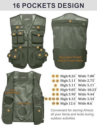 Flygo Men's Fishing Vest Utility Lightweight Outdoor Travel Safari Photo Cargo Vest with 16 Pockets