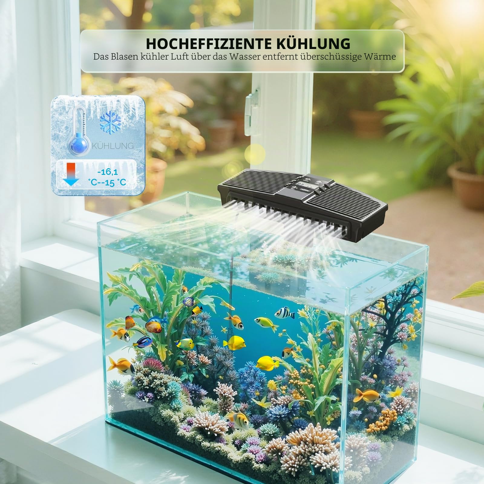 PAIZOO Aquarium-Kühlventilator, Aquarium-Kühlventilator mit Temperatursonde & LCD-Display, Aquariumkühler, Wasserkühler für Axolotl Betta Fischzubehör, 7 W