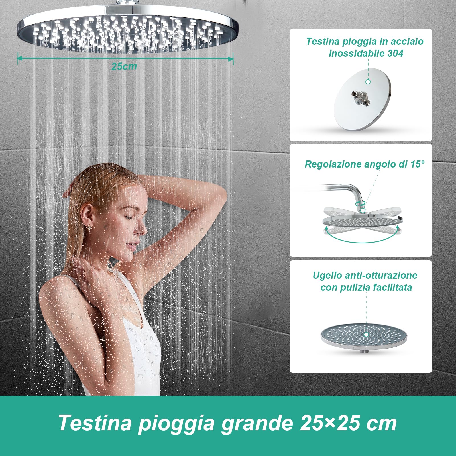 OFFO Colonna Doccia Senza Miscelatore, Asta Doccia Saliscendi con Soffione Rotonda 25x25cm e Doccetta 3 Getti, Asta Doccia Regolabile in Altezza 86-120cm, Tubo Acciaio Inox Antitorsione 1.6m, Cromo