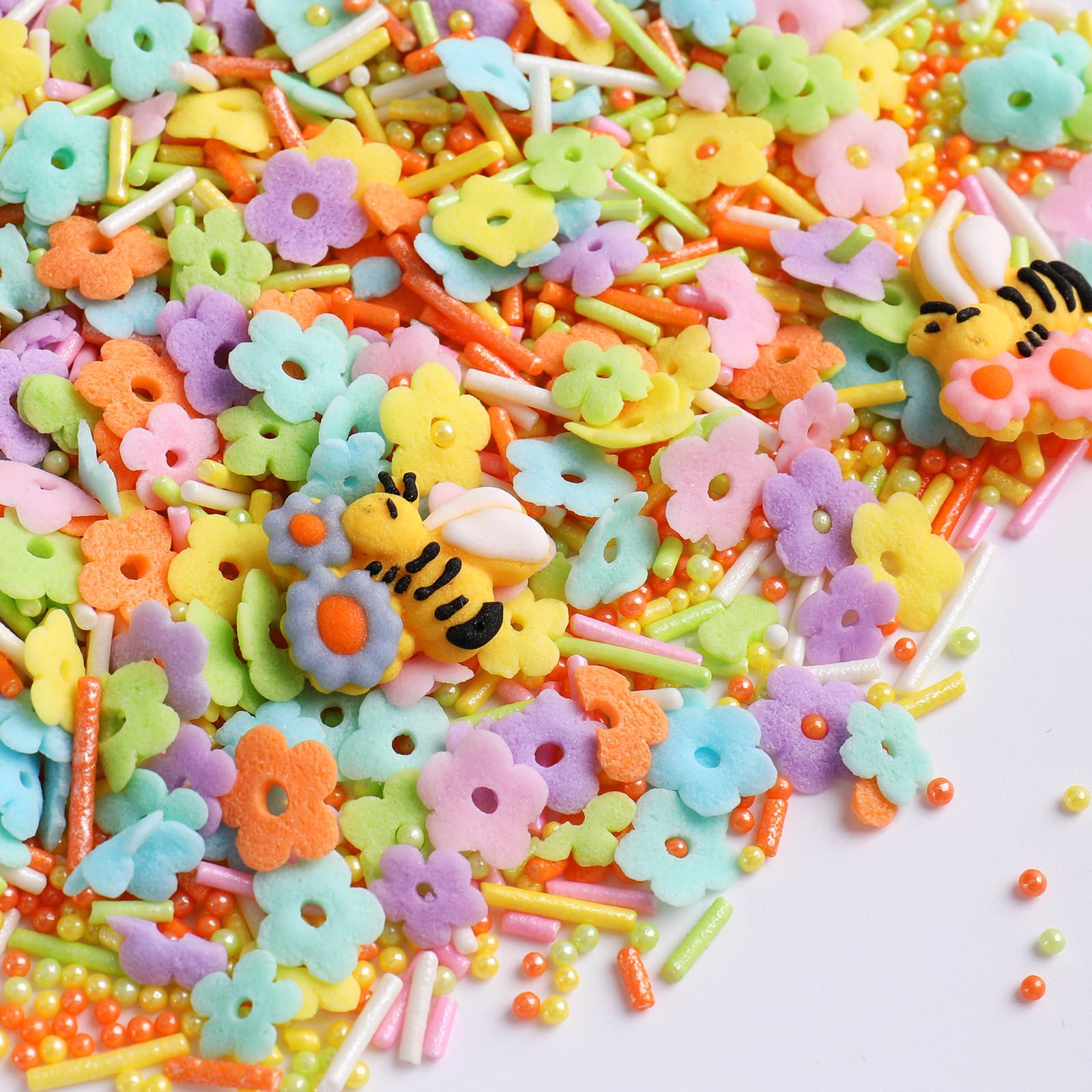Flower Sprinkles Edible, Spring Colorful Bees Green Pearls Sprinkles for Cake Decorating Cupcake Toppers Baking Cookie
