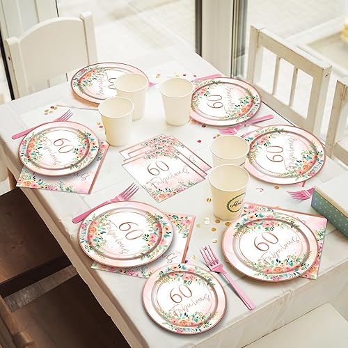 Miniatura 7 de 96 piezas de suministros para fiesta de 60 cumpleaños, 60 fabulosos platos de papel de cumpleaños de 60 años, servilletas y tenedores de oro rosa