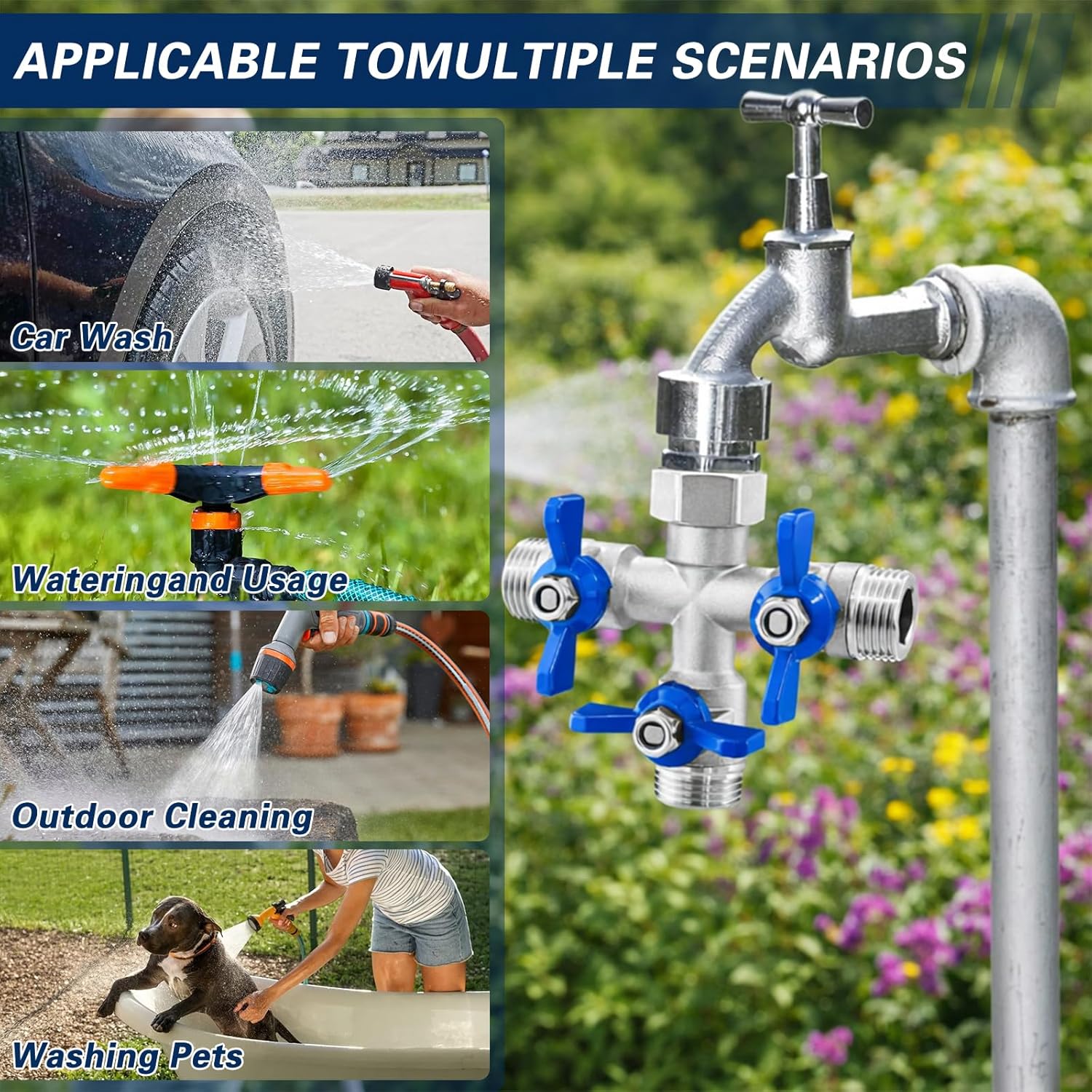 304 Stainless Steel 3 Way Garden Hose Splitter, Heavy Duty Hose Splitter with 3 Shut-Off Valves, 3/4" GHT Outdoor Faucet Hose Adapter, Full Flow Water Hose Connector