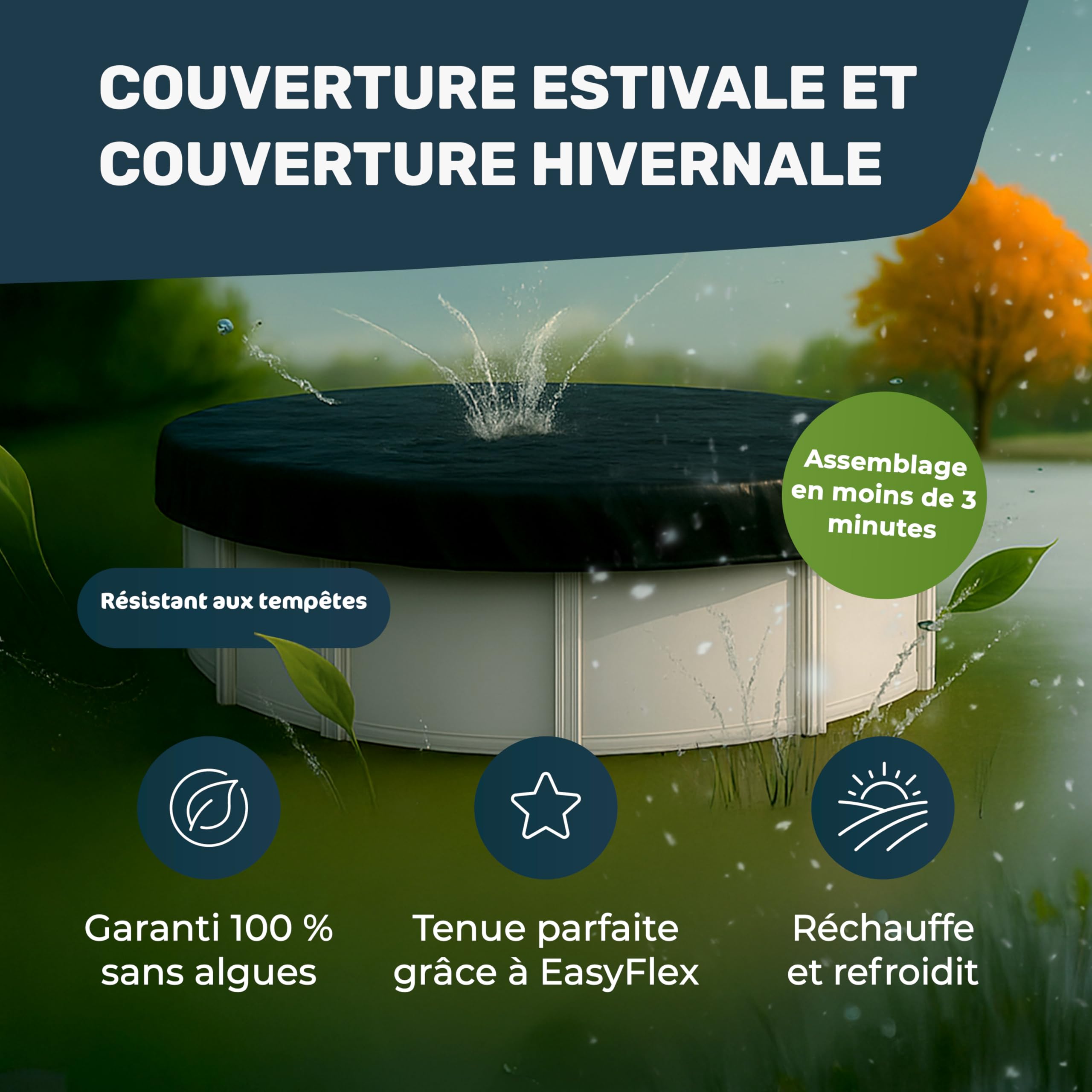 Bâche de Piscine en Film d'ensilage Premium 6x6m pour piscines Ø 420–520 cm | Fermeture EasyFlex®, Couverture opaque anti-algues, Bâche d'hiver & d'été, Résistante aux déchirures