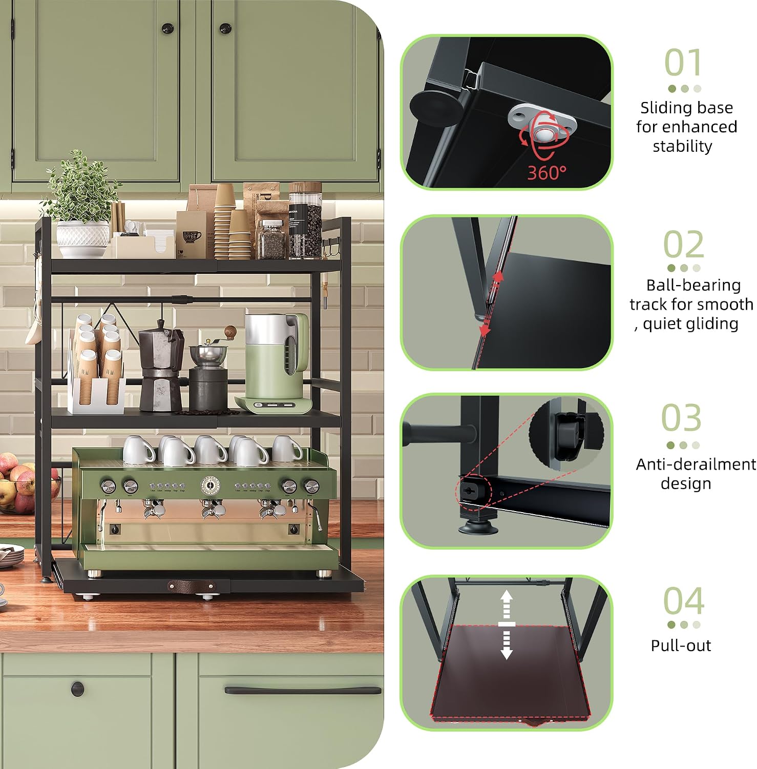 NETEL Expandable Microwave Stand,3 Tier Metal Kitchen Countertop Organizer Shelves with 8 Hooks,Bakers Rack,Pull-Out Microwave Shelf,110lbs Weight Capacity,Black