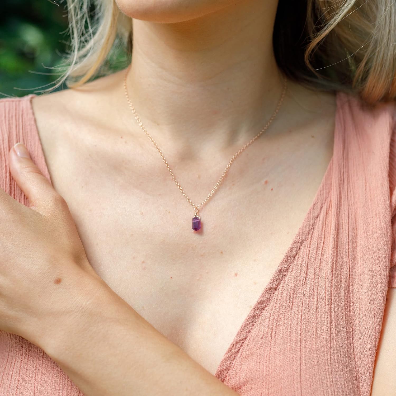 Amethyst Double Terminated Crystal Pendant Necklace in 14k Rose Gold Fill