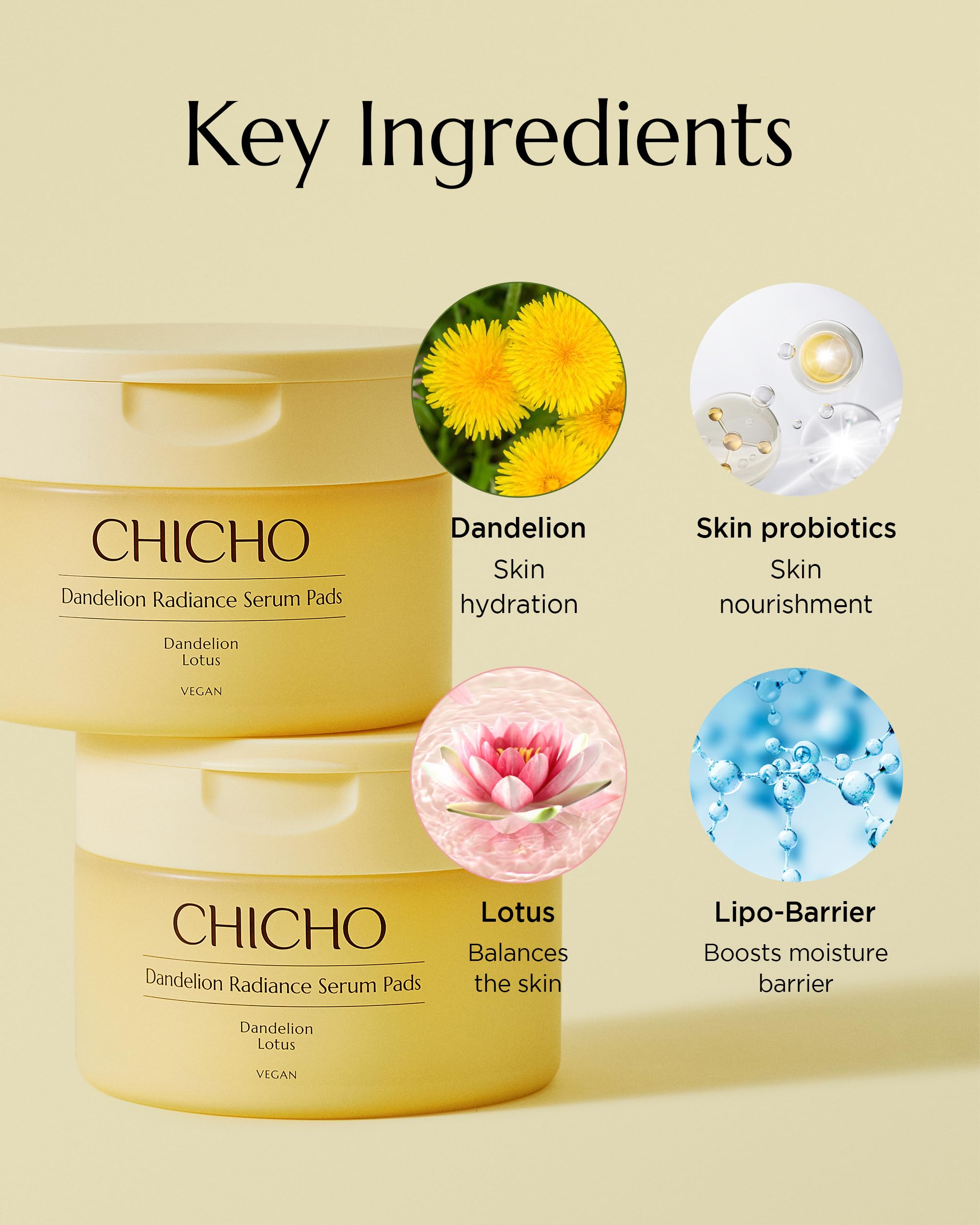 CHICHO Dandelion Radiance Serum Pads (90 Pads) - Jumbo 8cm Quick Mask Toner Pads - 80,2% Löwenzahn Biom + Lotus, Vegan pH 5.2, Empfindliche Haut