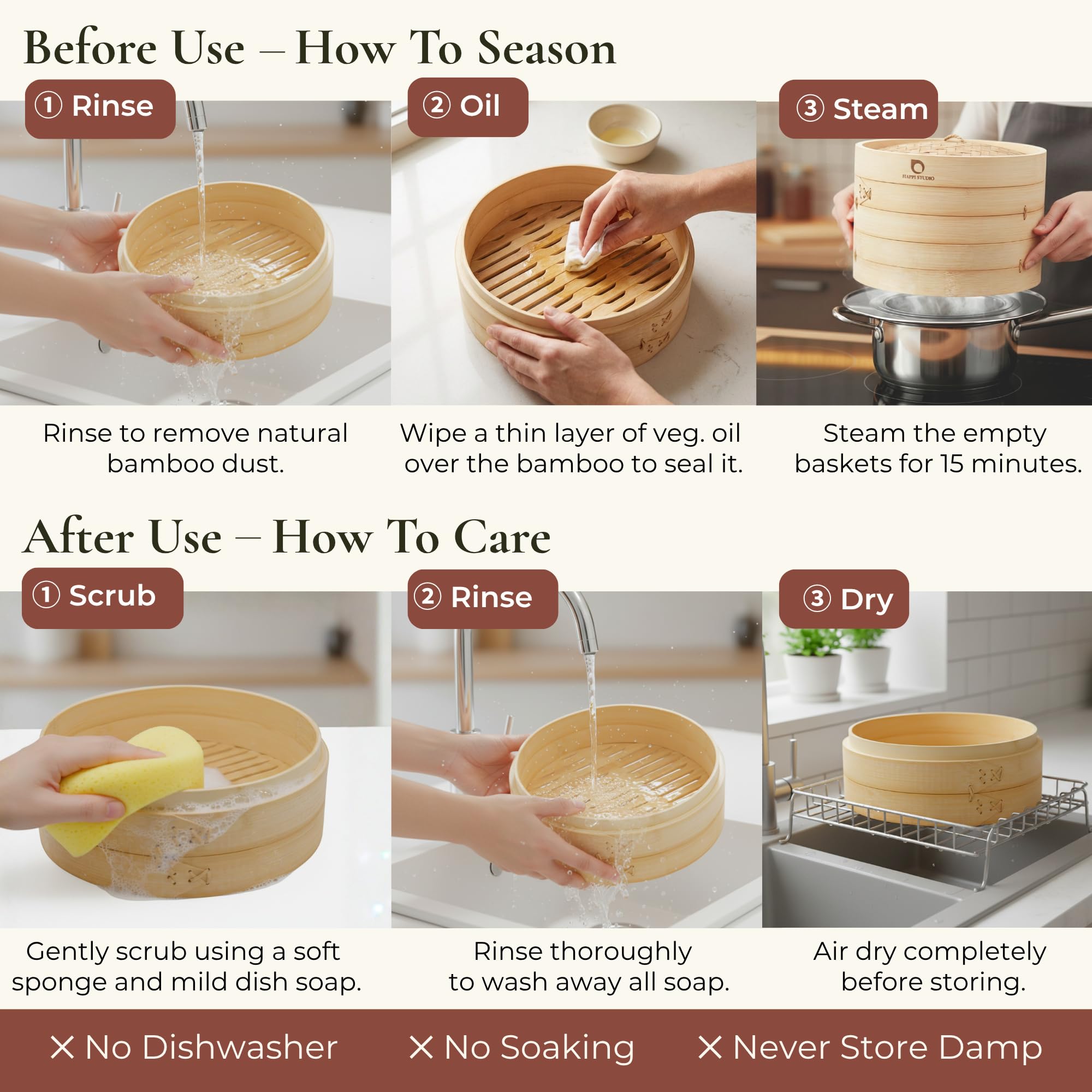 HAPPi STUDIO Bamboo Steamer Basket 10 inch and 304 Stainless Steel Steamer Ring Set - 100% Natural Handmade 2-Tier Dumpling Steamer for Cooking Dim sum, Bao Bun - Cotton Liners Included - Extra Deep