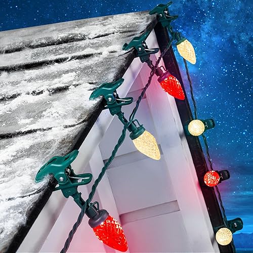 Miniatura 12 de Luces LED C9 de Navidad para exteriores, 68 pies, 100 luces LED de fresa con 100 abrazaderas de resorte, impermeable, grado comercial, extensible,