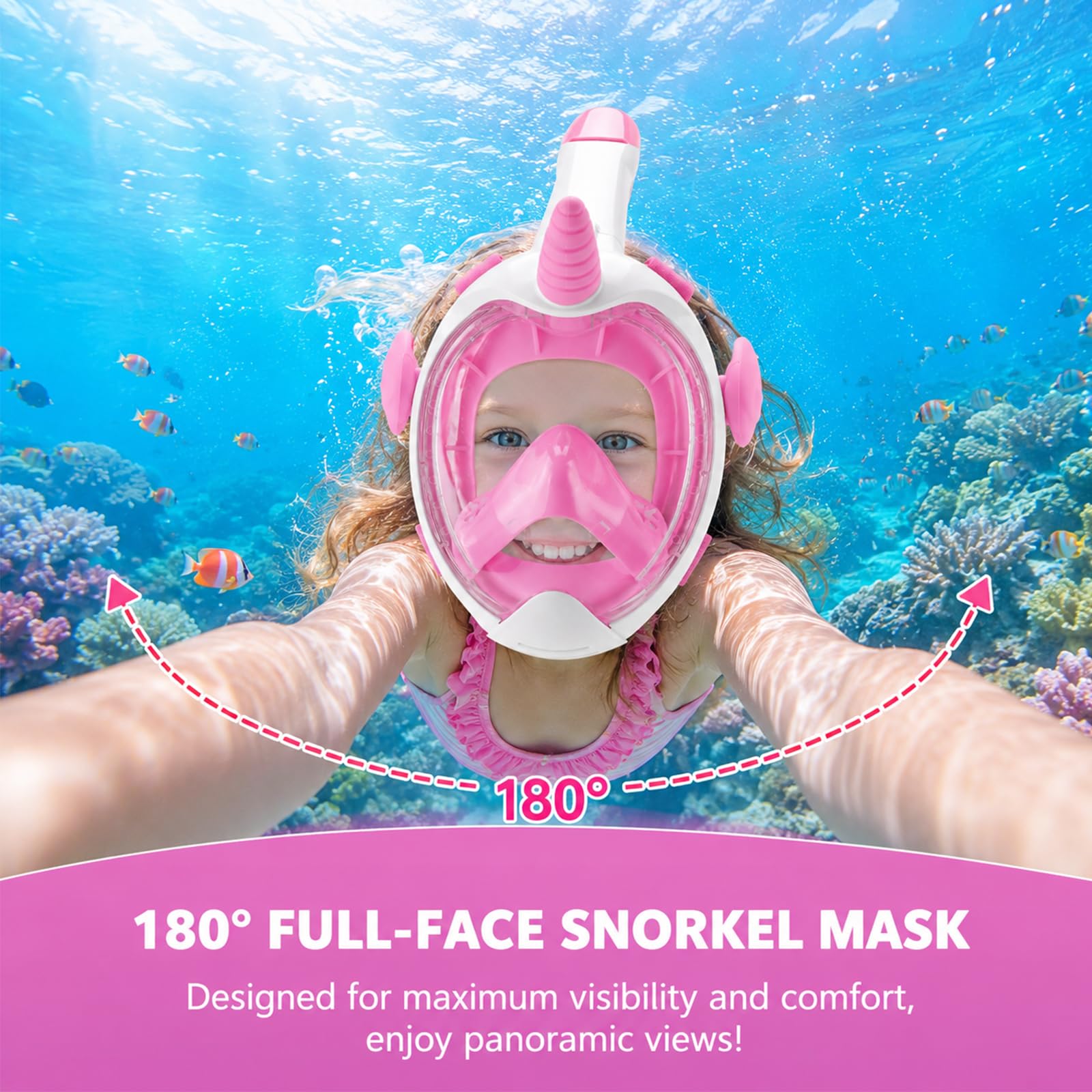 Schnorchelmaske Kinder, Tauchmaske Vollgesichtsmaske für Kinder 4-12 Jahre, 180° HD Anti-Beschlag Anti-Leck, Vollmaske Taucherbrille Tauchermaske, Snorkeling Mask Wasserspielzeug