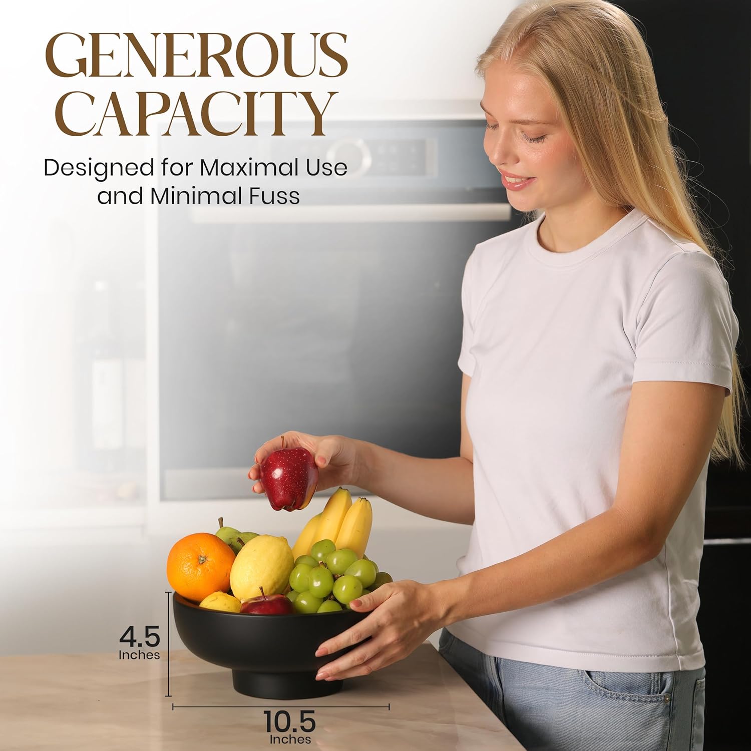 Handmade Concrete Bowl - 10x5x4.25 Inch Decorative Centerpiece Bowl for Fruits, Coffee Table, Kitchen Counter, Entryway or Shelf - Modern Minimalistic Decor (Black)