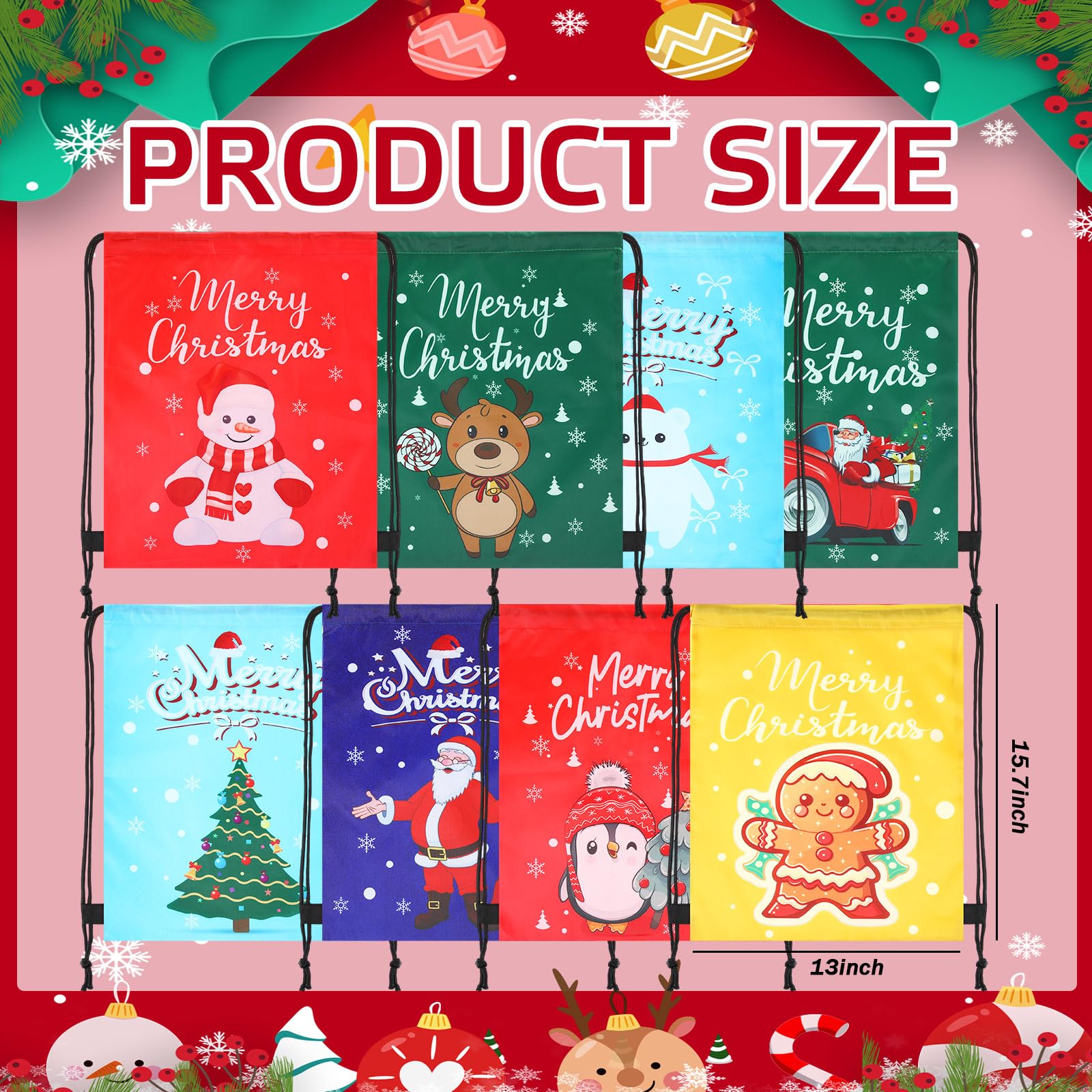 Abbylike 48 bolsas de regalo de Navidad con cordón, bolsas de regalo a granel de 13 x 15.7 pulgadas, Navidad, Papá Noel, muñeco de nieve, árbol de invierno, bolsas de regalo para niños, vacaciones