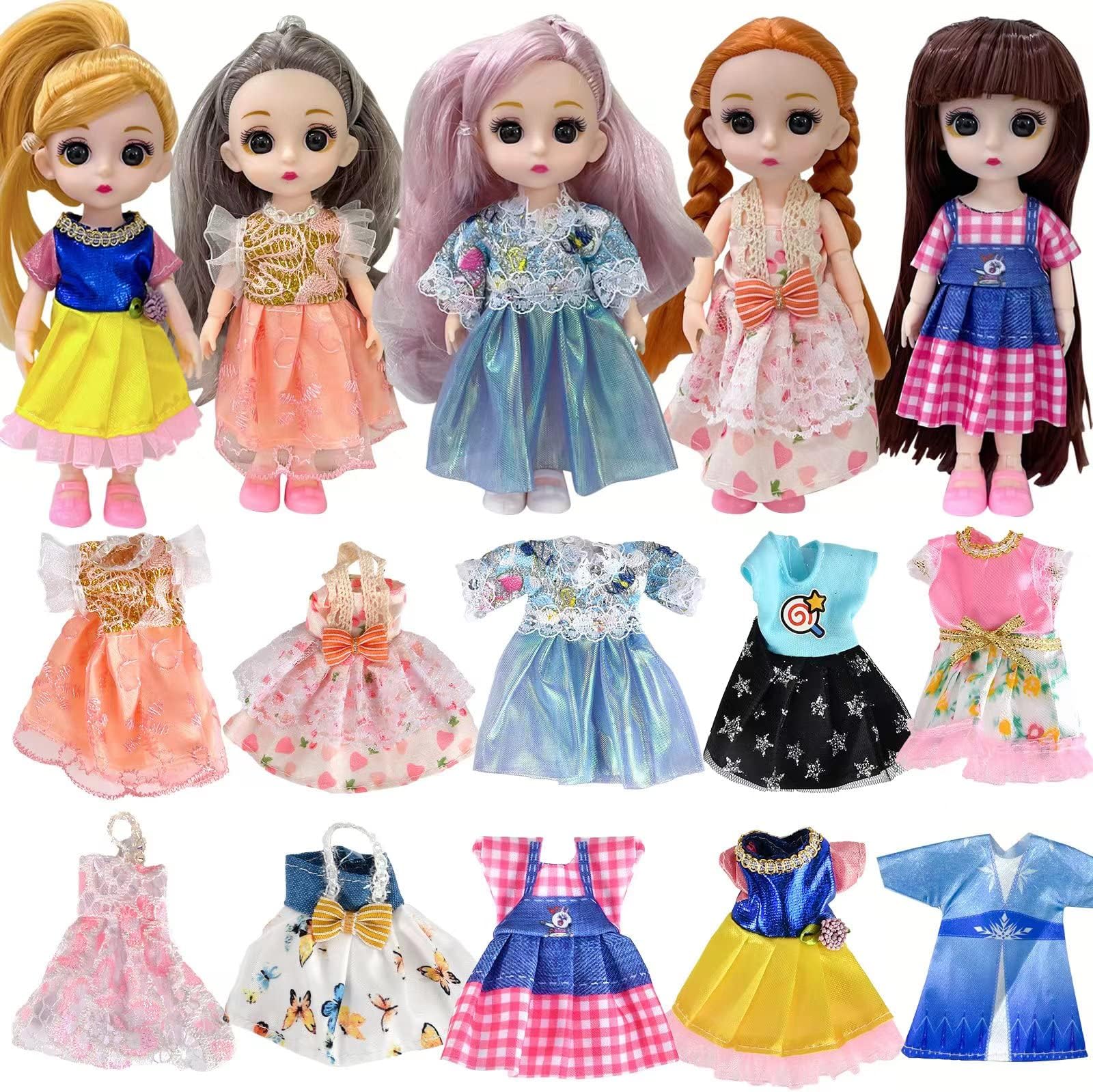 5 Sets Doll Clothes for 6 inch Doll ，Include 5 Pieces Girl Mini Dolls, 5 Sets Handmade Doll Clothes and 5 Pairs of Doll Shoes