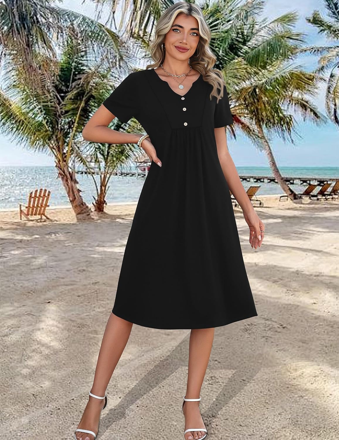 Zeagoo Women Summer Dresses Casual Short Sleeve Midi Dress with Pockets Floral A Line V Neck Beach Vacation T Shirt Sundress - Image 4