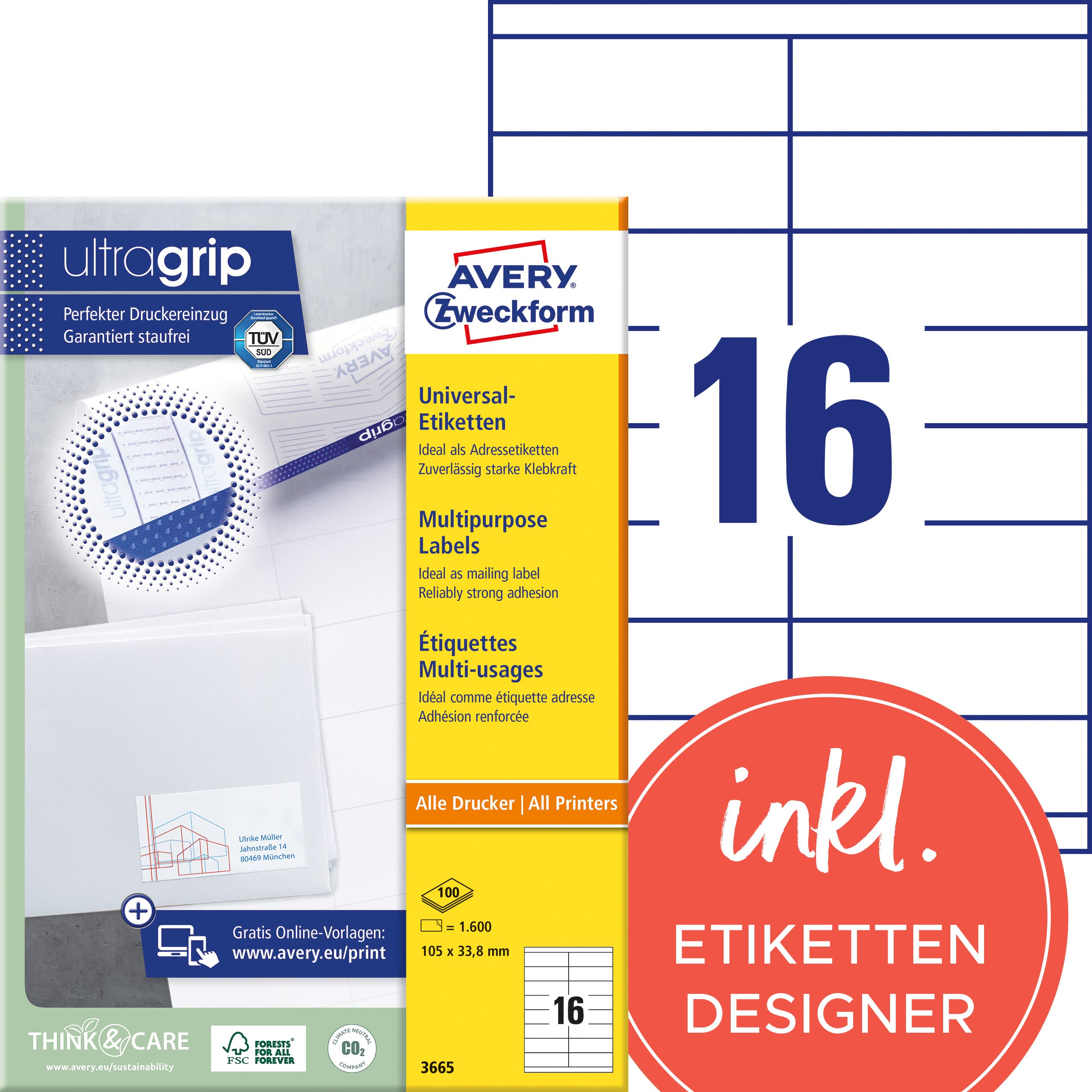 AVERY Zweckform 3665 Adressaufkleber – 1.600 Etiketten, 105 x 33,8 mm, matt, FSC