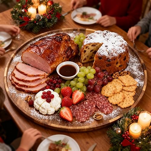 Miniatura 6 de Utoplike Bandeja extragrande de madera de acacia, tabla redonda de charcutería de 23.6 pulgadas, tabla de quesos con base giratoria borde elevado y