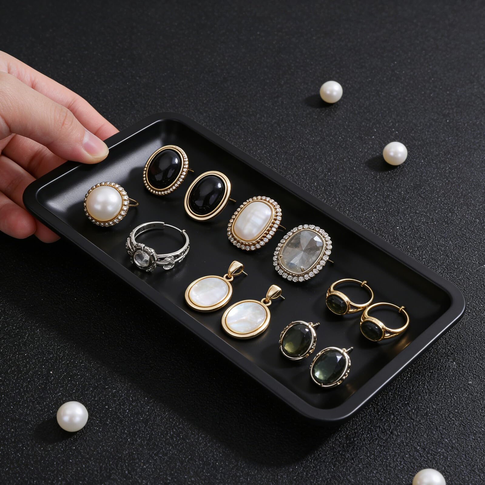 4 Piezas 4 Bandejas Rectangulares de Acero Inoxidable Negras para Exhibición y Organización de Joyas, Bandejas Pequeñas para Anillos, Pulseras y Collares, Organizador de Tocador