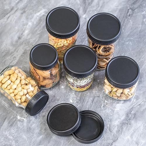 Miniatura 5 de Paquete de 18 tapas negras para tarros Mason de boca regular con anillos de silicona, tapas de plástico para frascos, tapas de conservas de