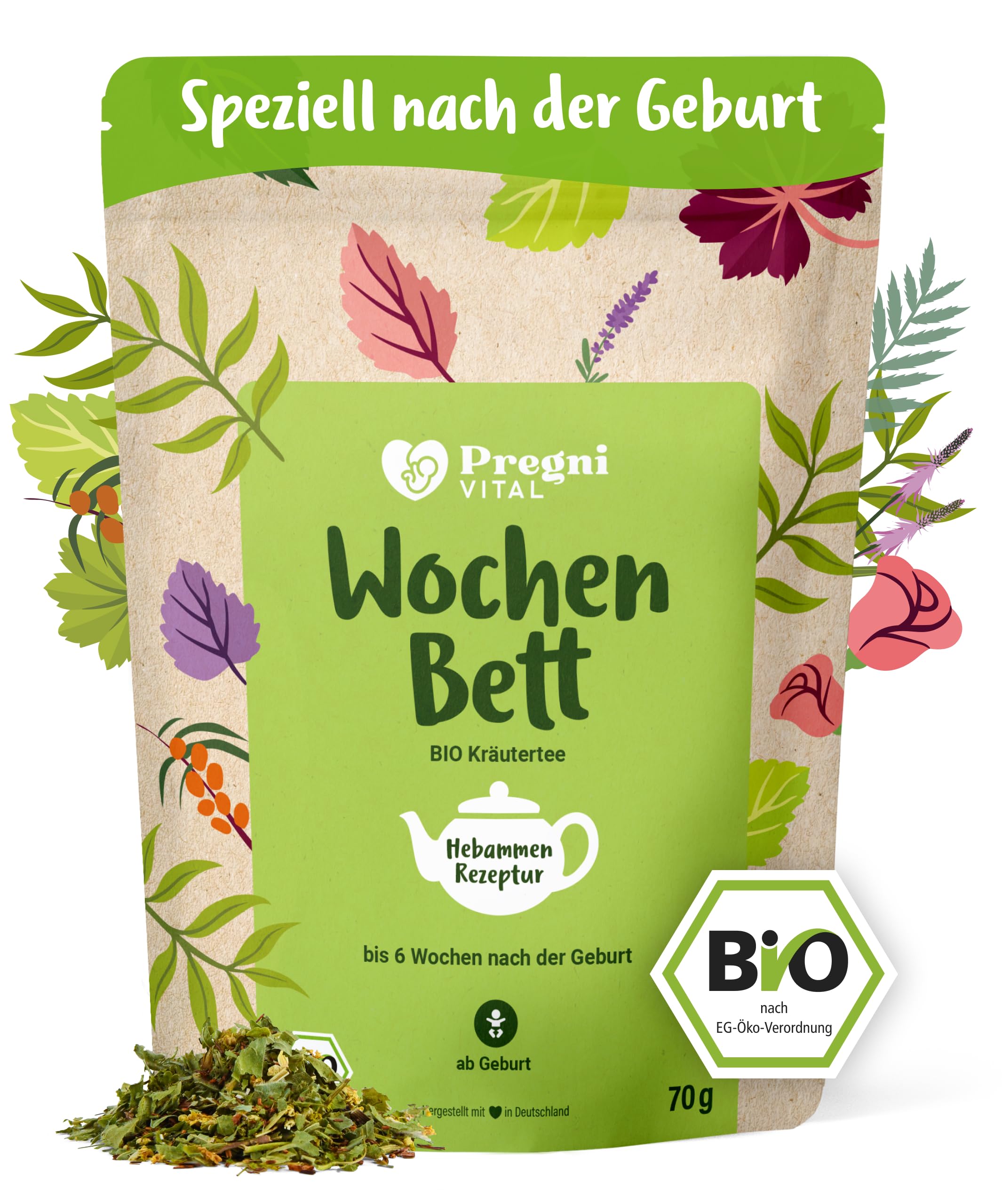 PregniVITAL Wochenbett Tee – 100% BIO, mit Frauenmantel, Schafgarbe und Hirtentäschelkraut – Traditionelle Rezeptur für die Zeit der Rückbildung nach der Geburt – 70 g lose Kräuter