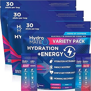HydroMATE Electrolytes Powder Drink Mix Packets Hydration Accelerator Low Sugar Party Favors for Relief Rapid Recovery Vitamin C Plus Caffeine Variety Pack 90 Count