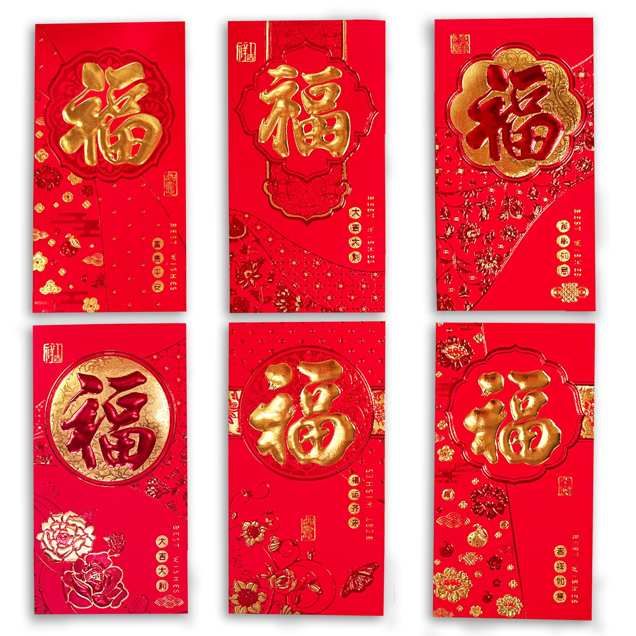36Pcs Chinese New Year Envelopes, Lunar New Year of The Snake Red Envelopes 2025 with 6 Gold Embossed Fu Designs, Hong Bao for Spring Festival Birthday Wedding