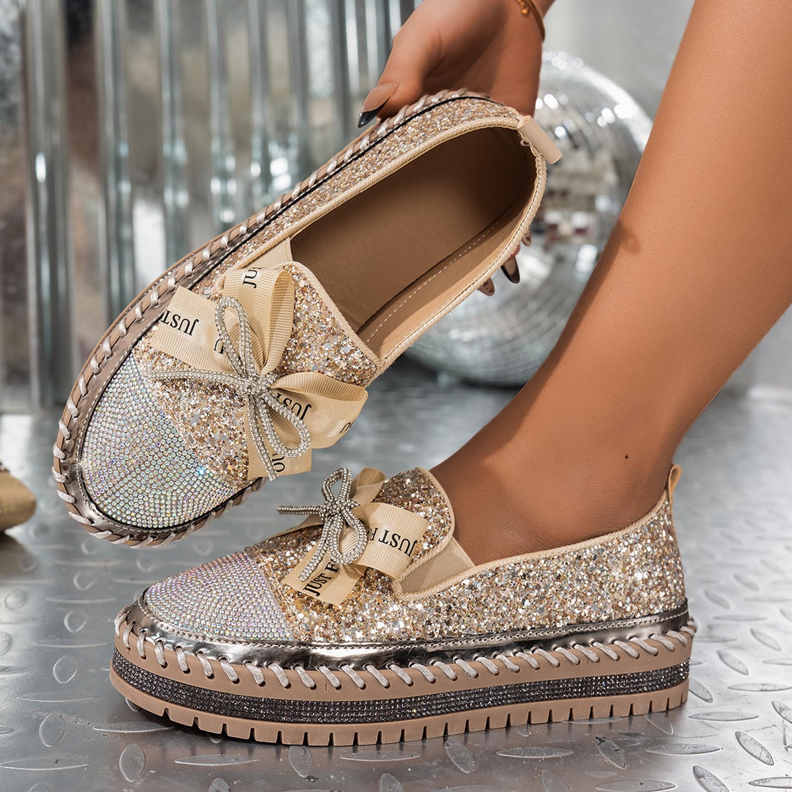 Zapatos casuales cómodos de moda con diamantes de imitación brillantes para mujer, zapatos de moda para mujer, con lazo decorado con lazo, zapatos planos casuales