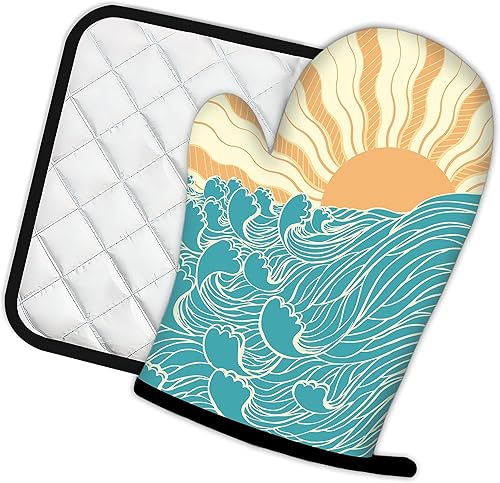 Miniatura 2 de Olas de mar abstractas con guantes de horno y soportes para ollas de cocina, juego de 2 piezas, almohadilla resistente al calor para hornear,